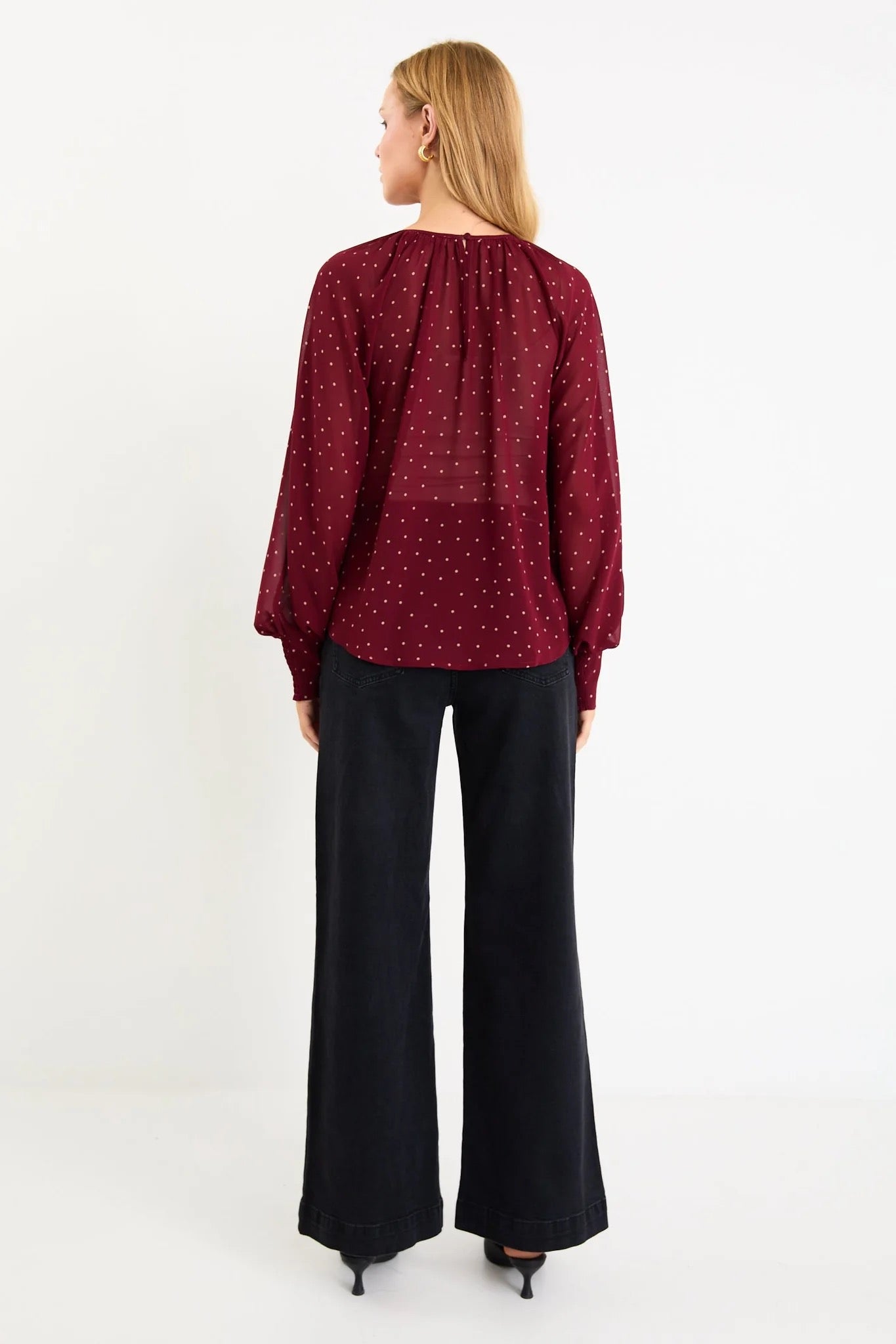 Cosmopolitan burgundy polka dot crew neck l/s top