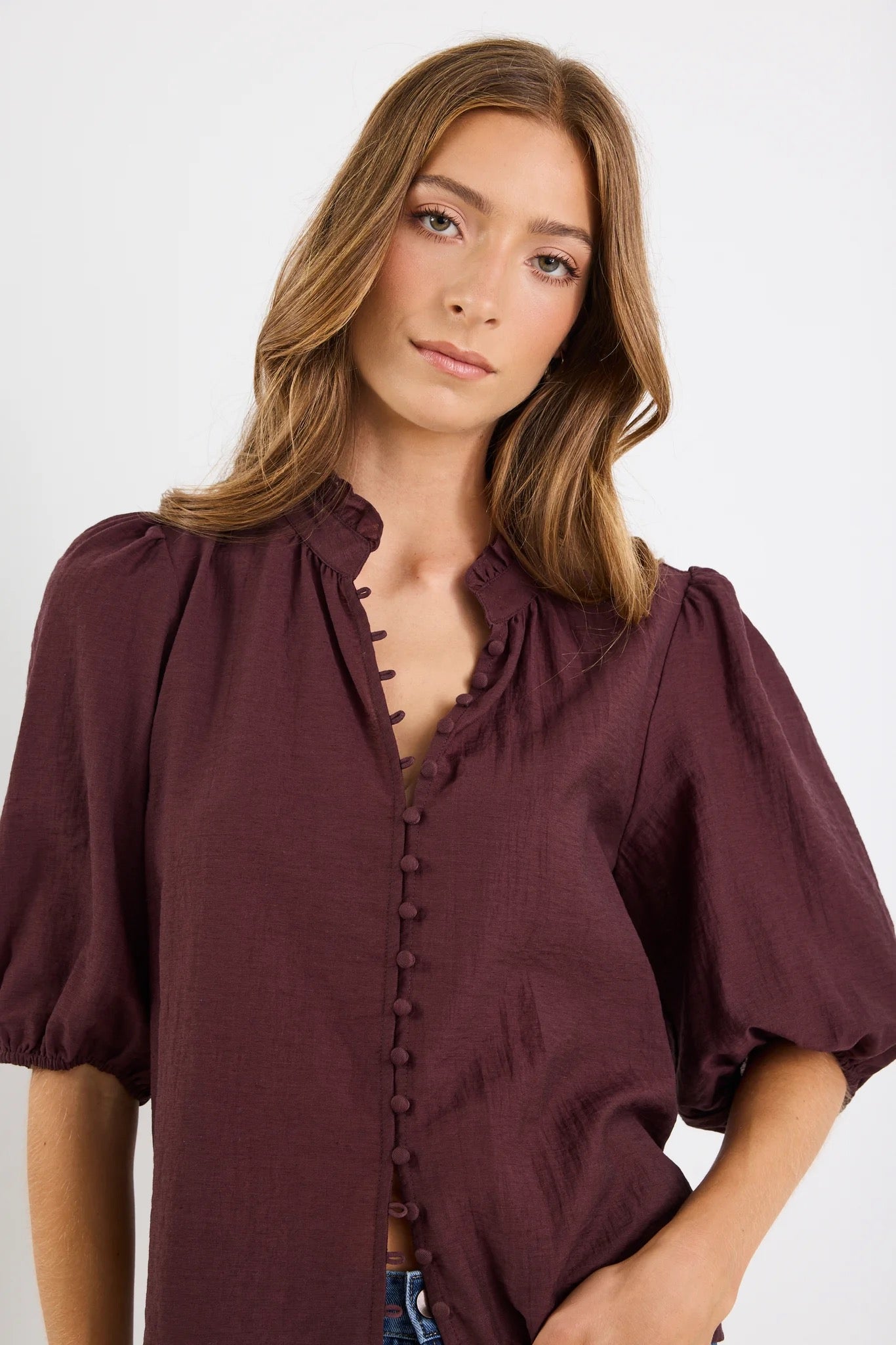 Continuance chocolate semi sheer high neck top