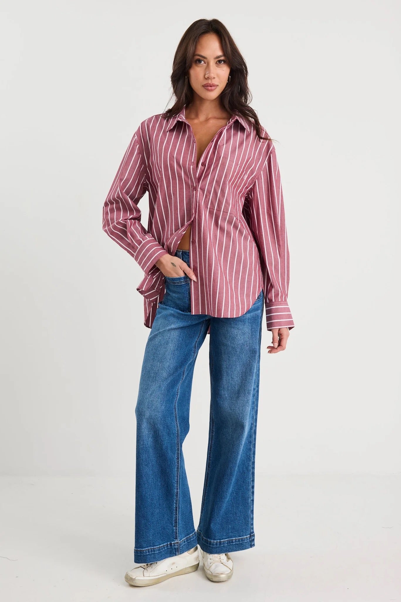 You got this burgundy stripe b/f shirt