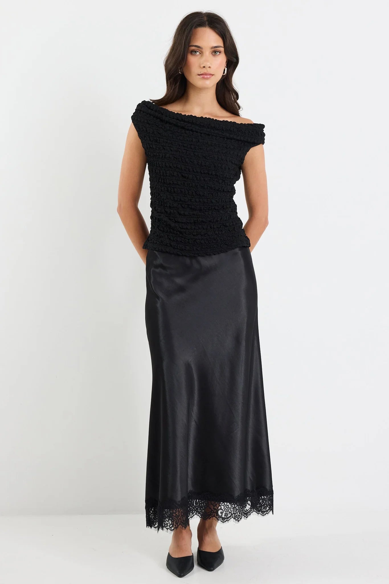 Margarita Black Satin Lace Trim Maxi Skirt