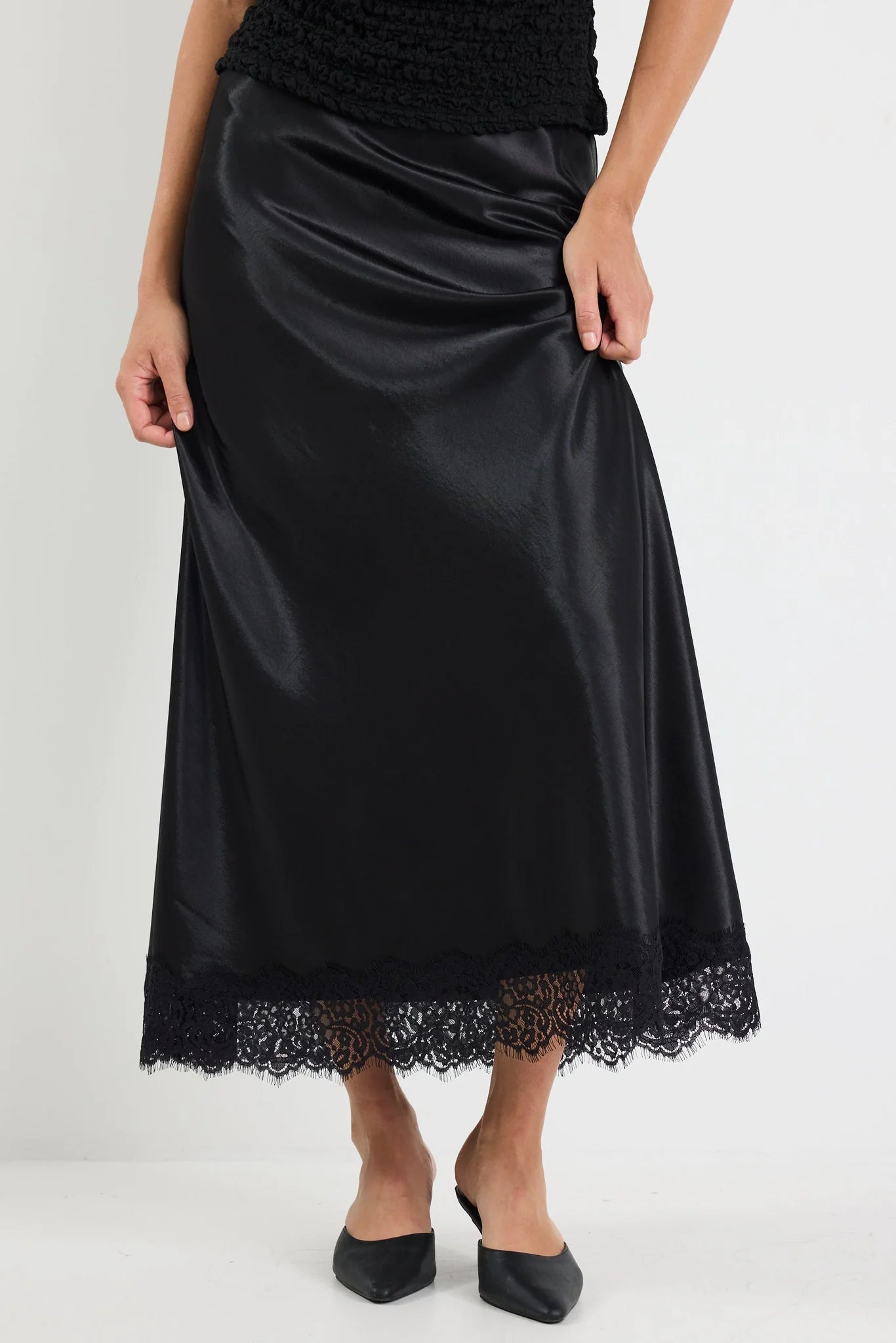 Margarita Black Satin Lace Trim Maxi Skirt