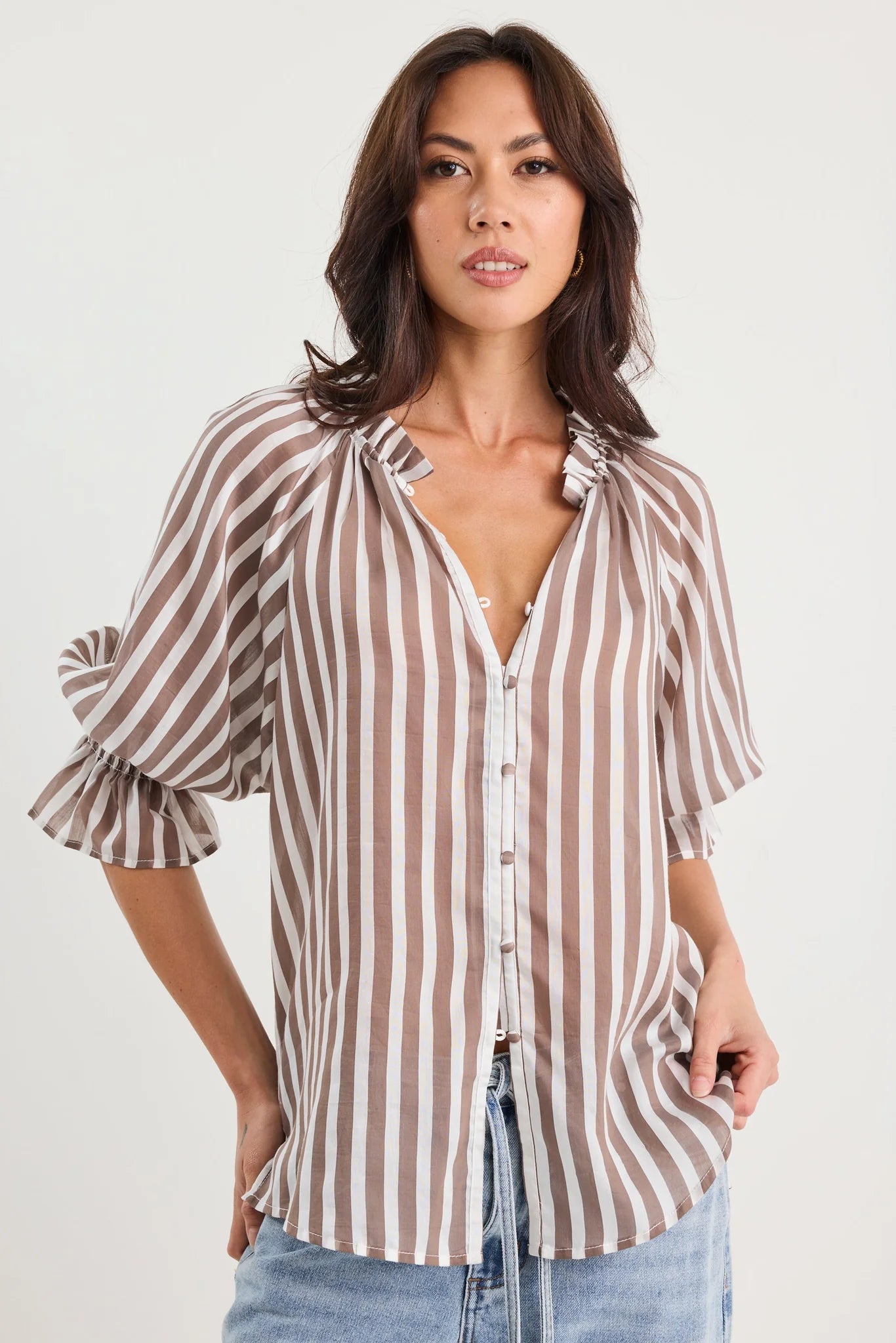 Noetic Chocolate Stripe SS Blouse