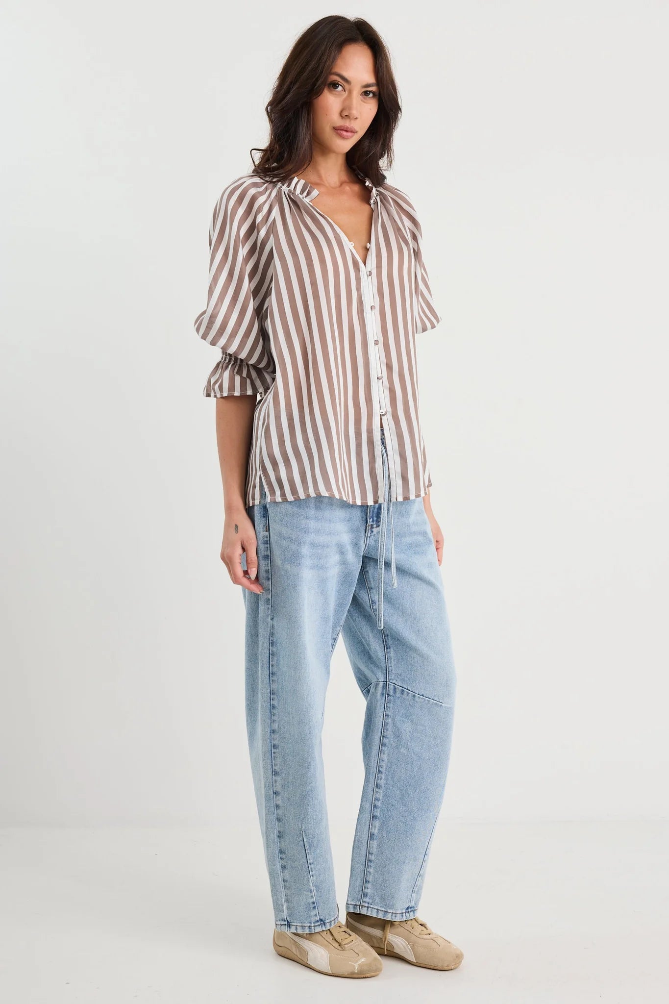 Noetic Chocolate Stripe SS Blouse