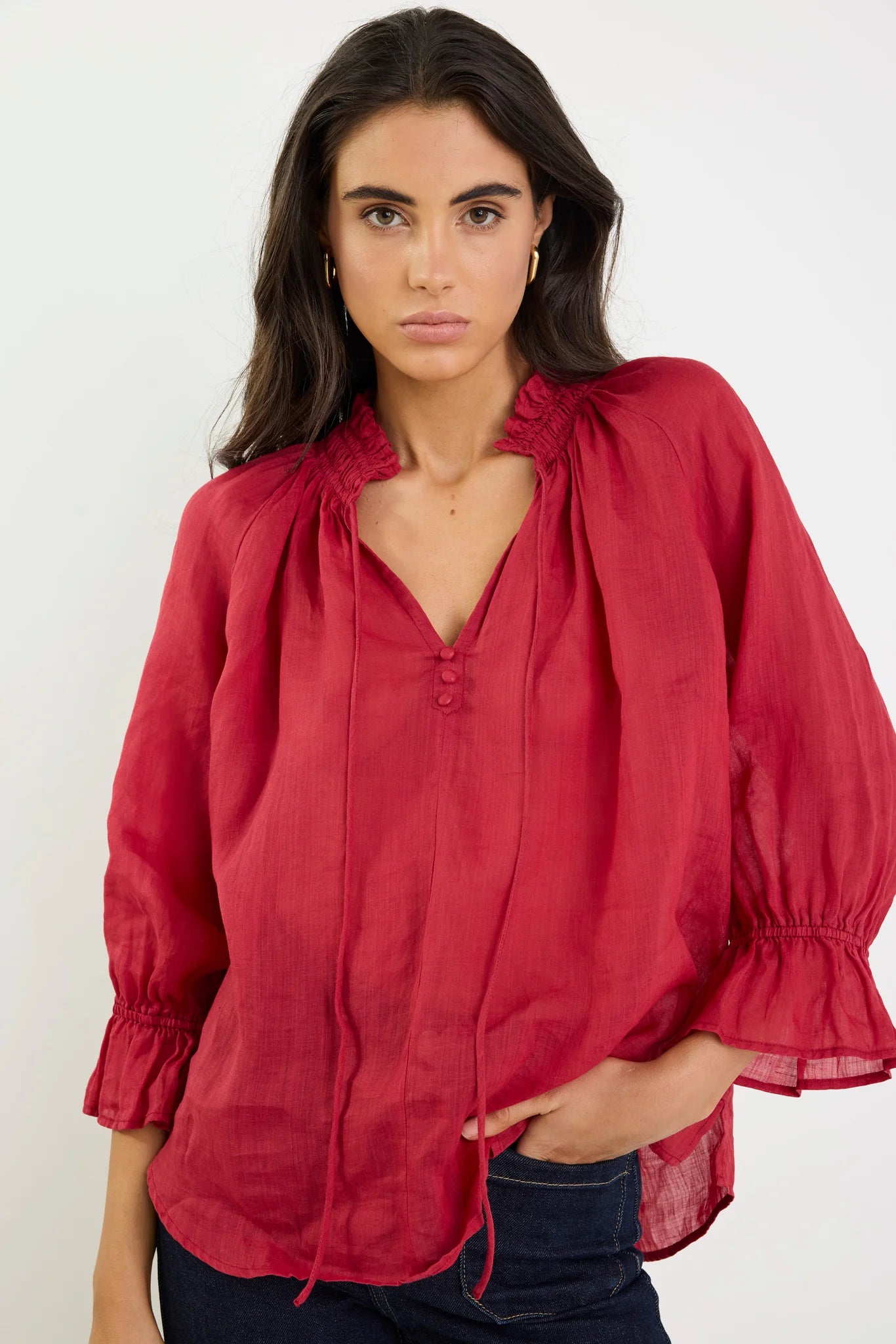 Odyssey red shirred neck button mid sleeve top