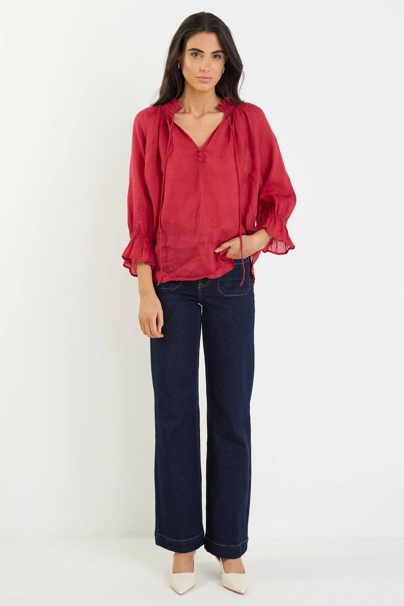 Odyssey red shirred neck button mid sleeve top