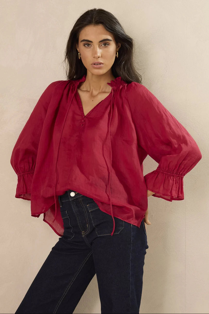 Odyssey red shirred neck button mid sleeve top