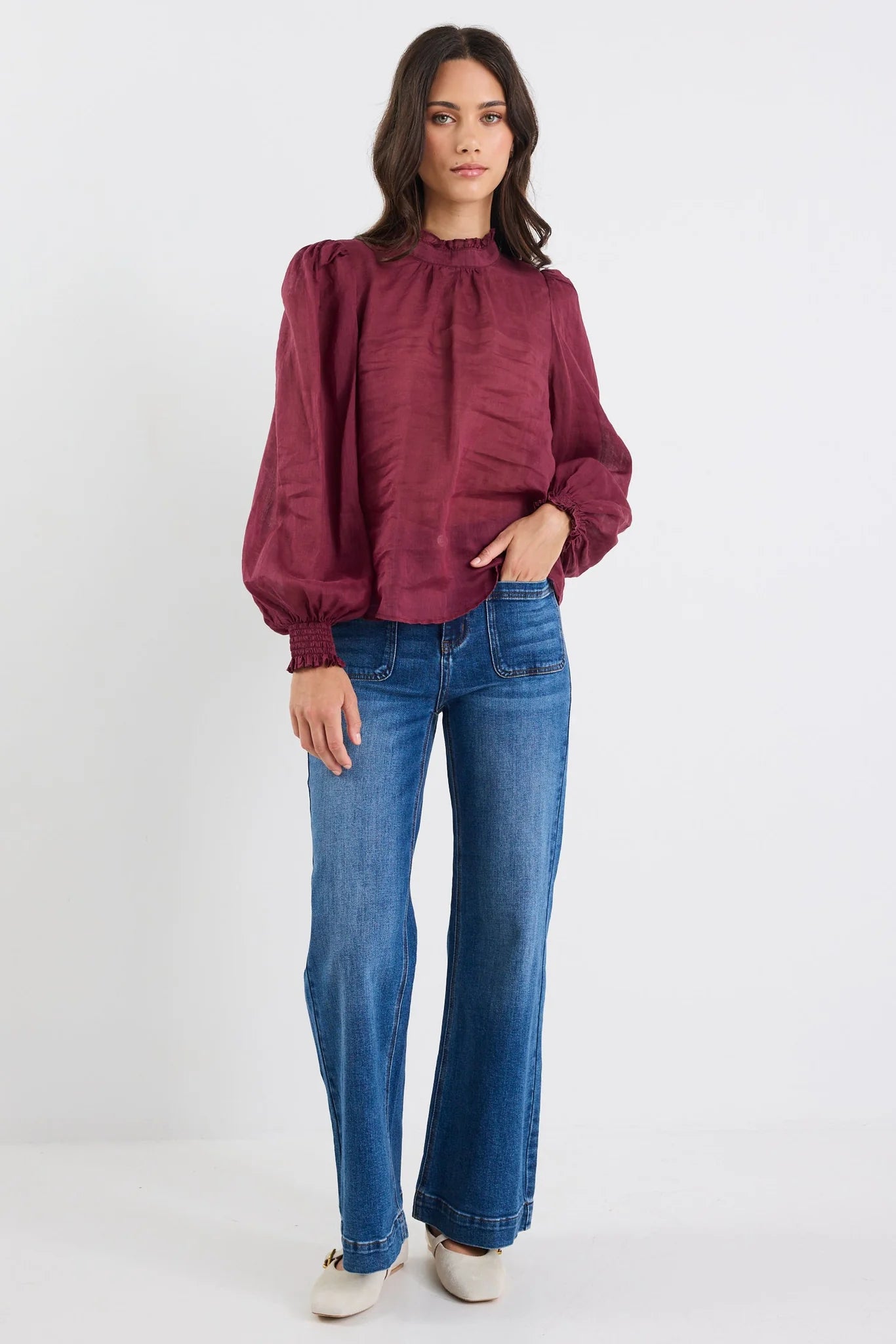 Poet BurgundyPlum Sheer High Neck Top