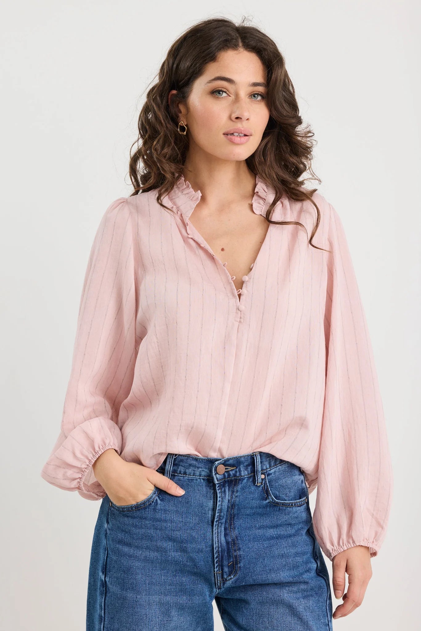 Premise blush stripe high neck buttoned l/s top