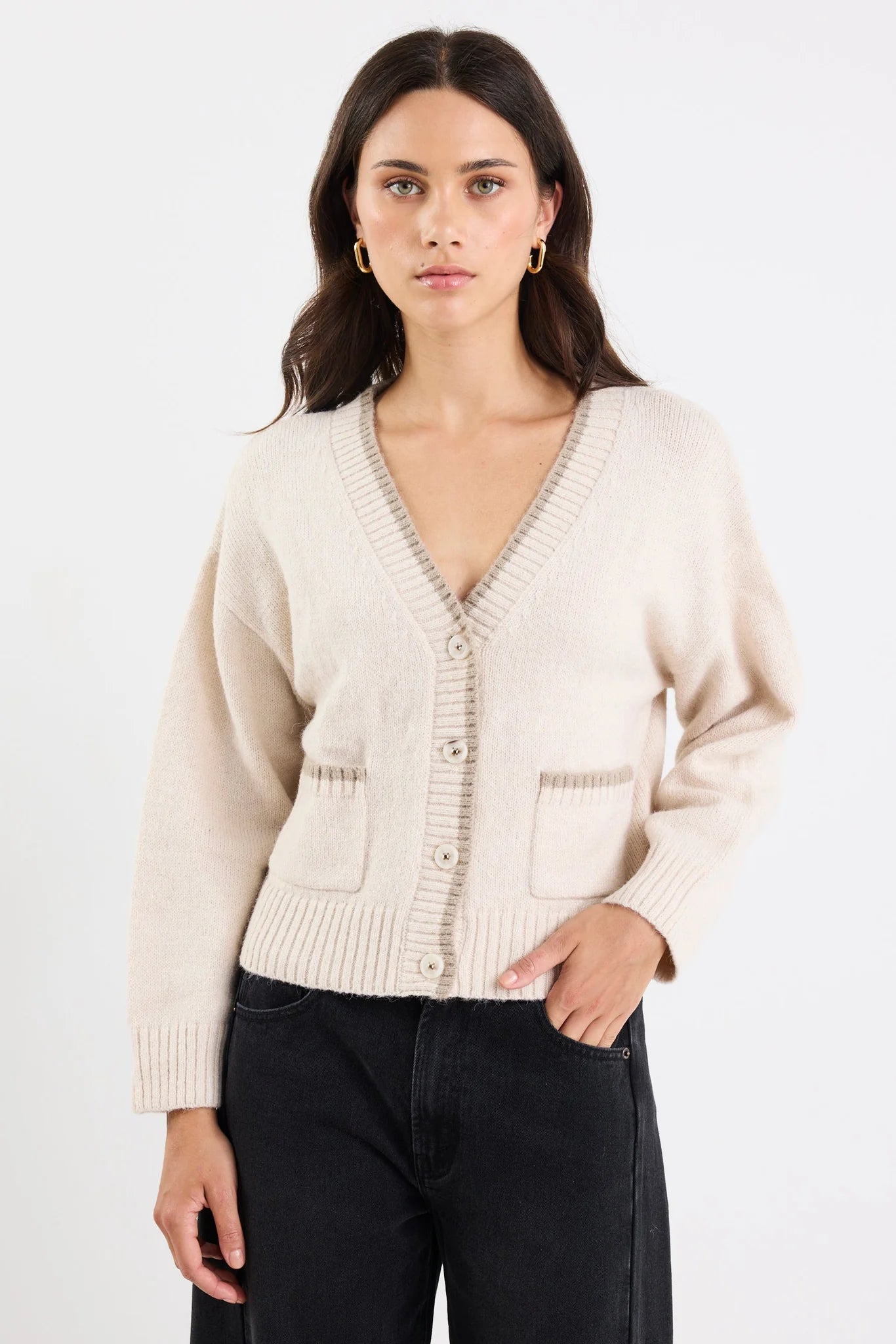 Rapport ivory v neck contrast edge cardigan