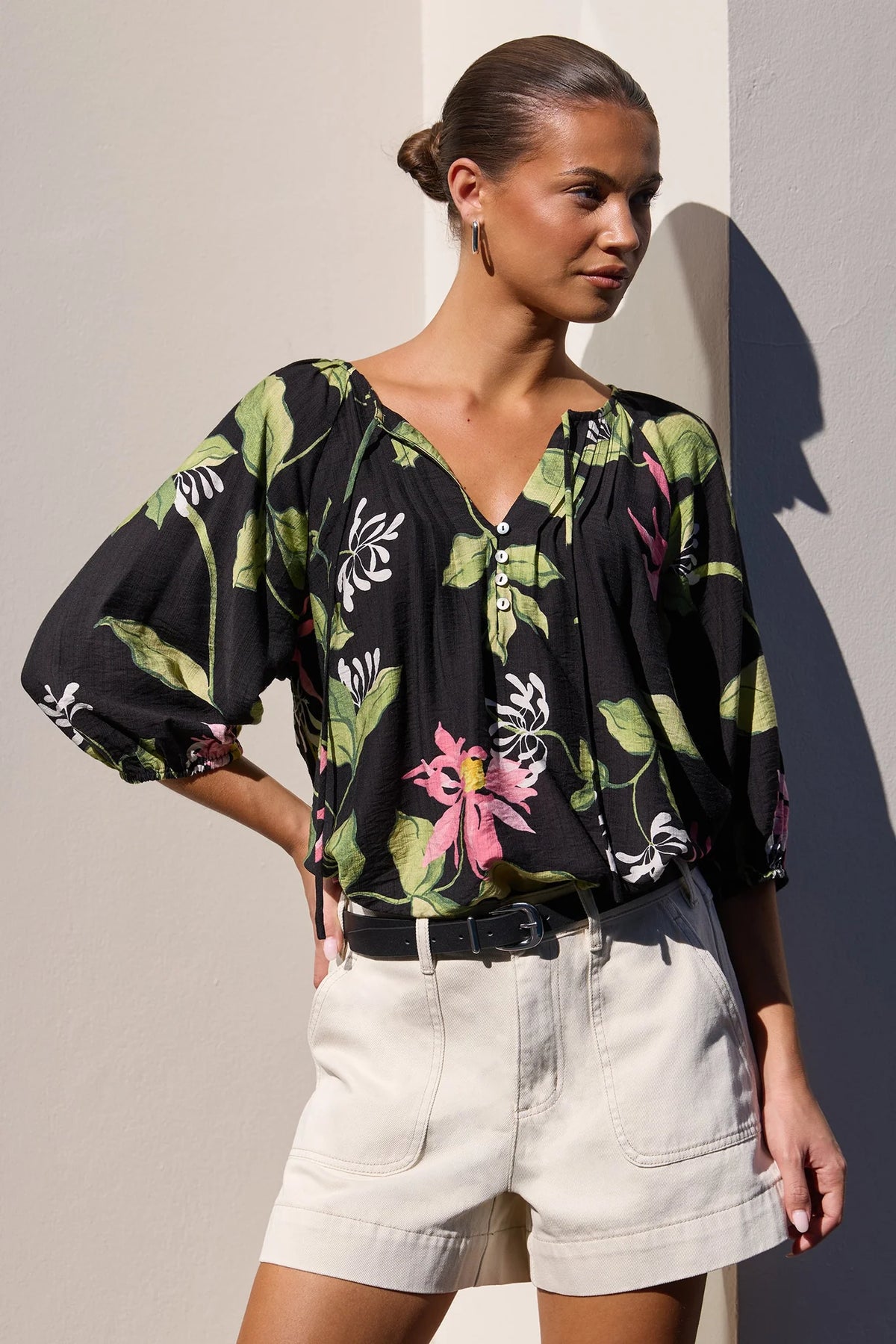 Refine Black Blush Floral Pintuck Front Mid Sleeve Top
