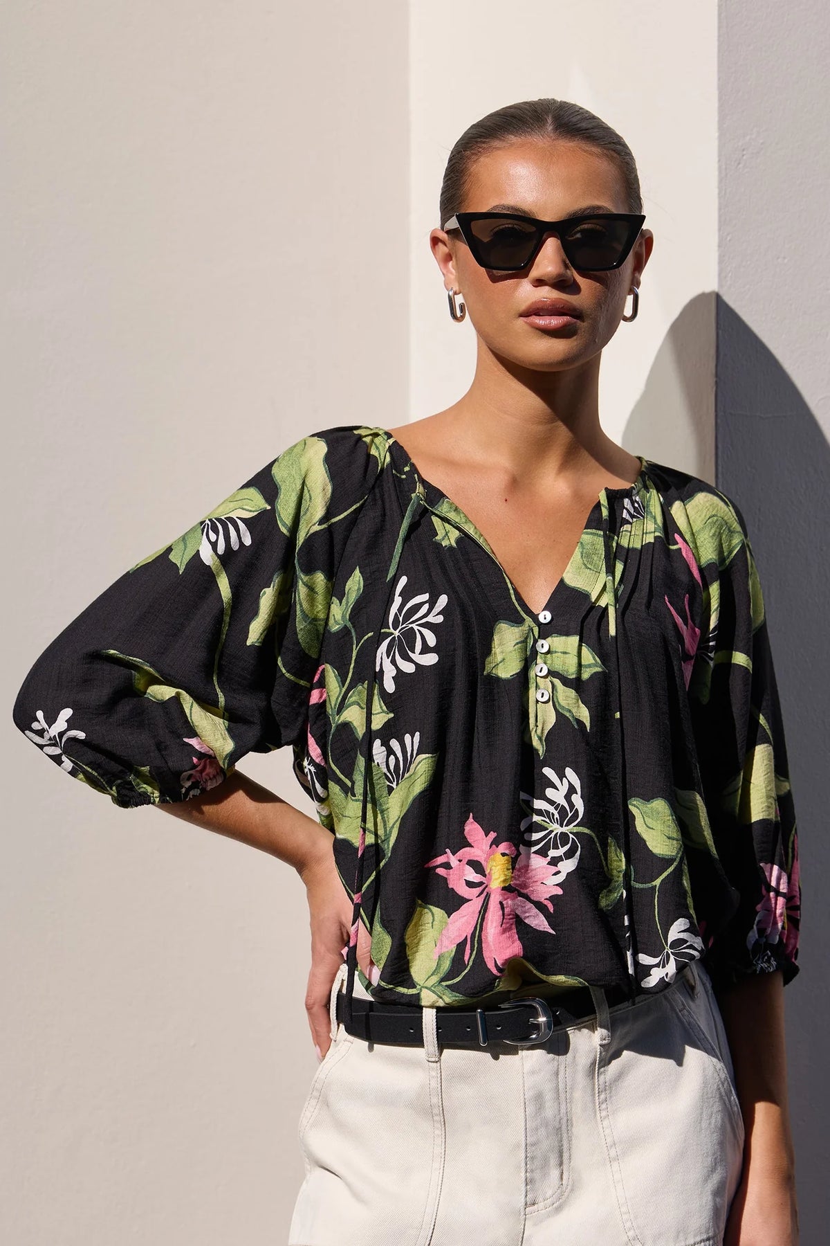 Refine Black Blush Floral Pintuck Front Mid Sleeve Top