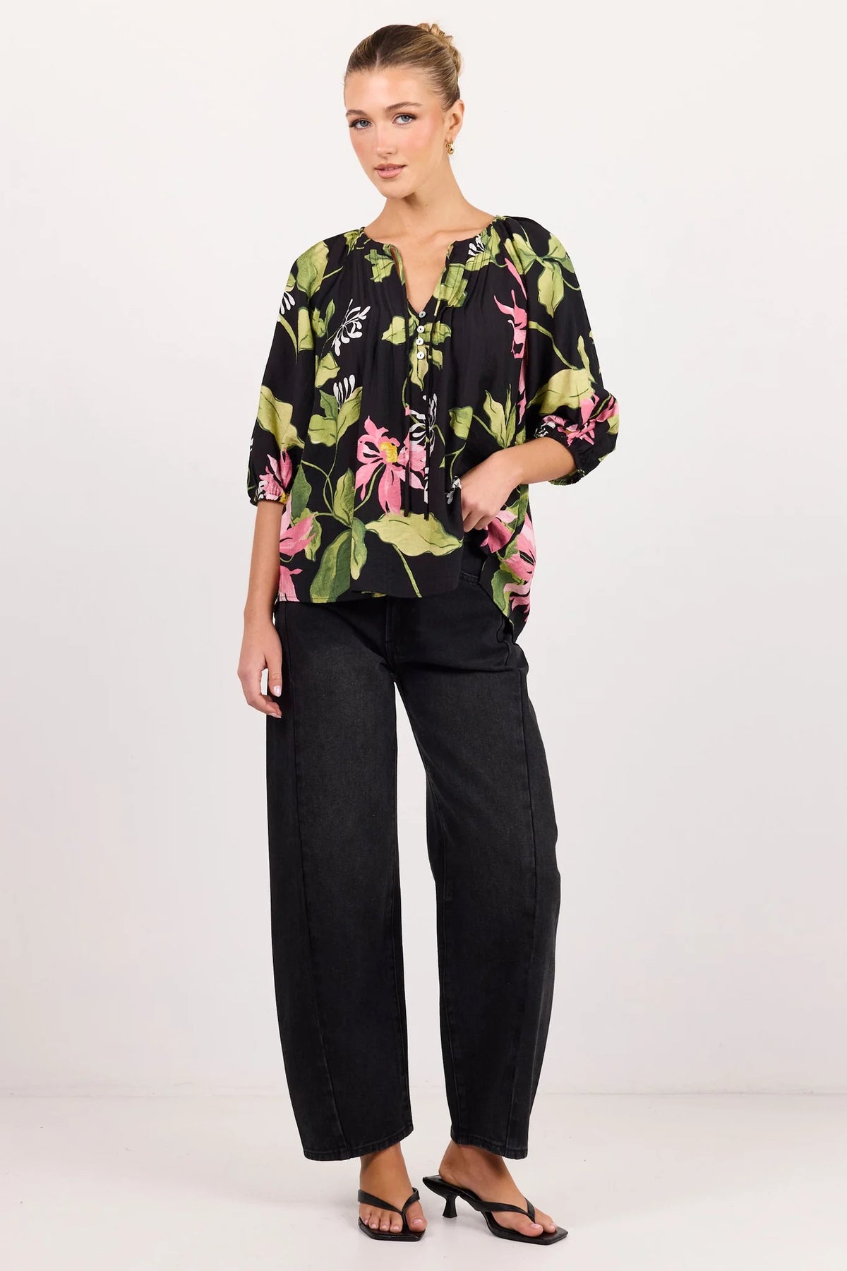 Refine Black Blush Floral Pintuck Front Mid Sleeve Top