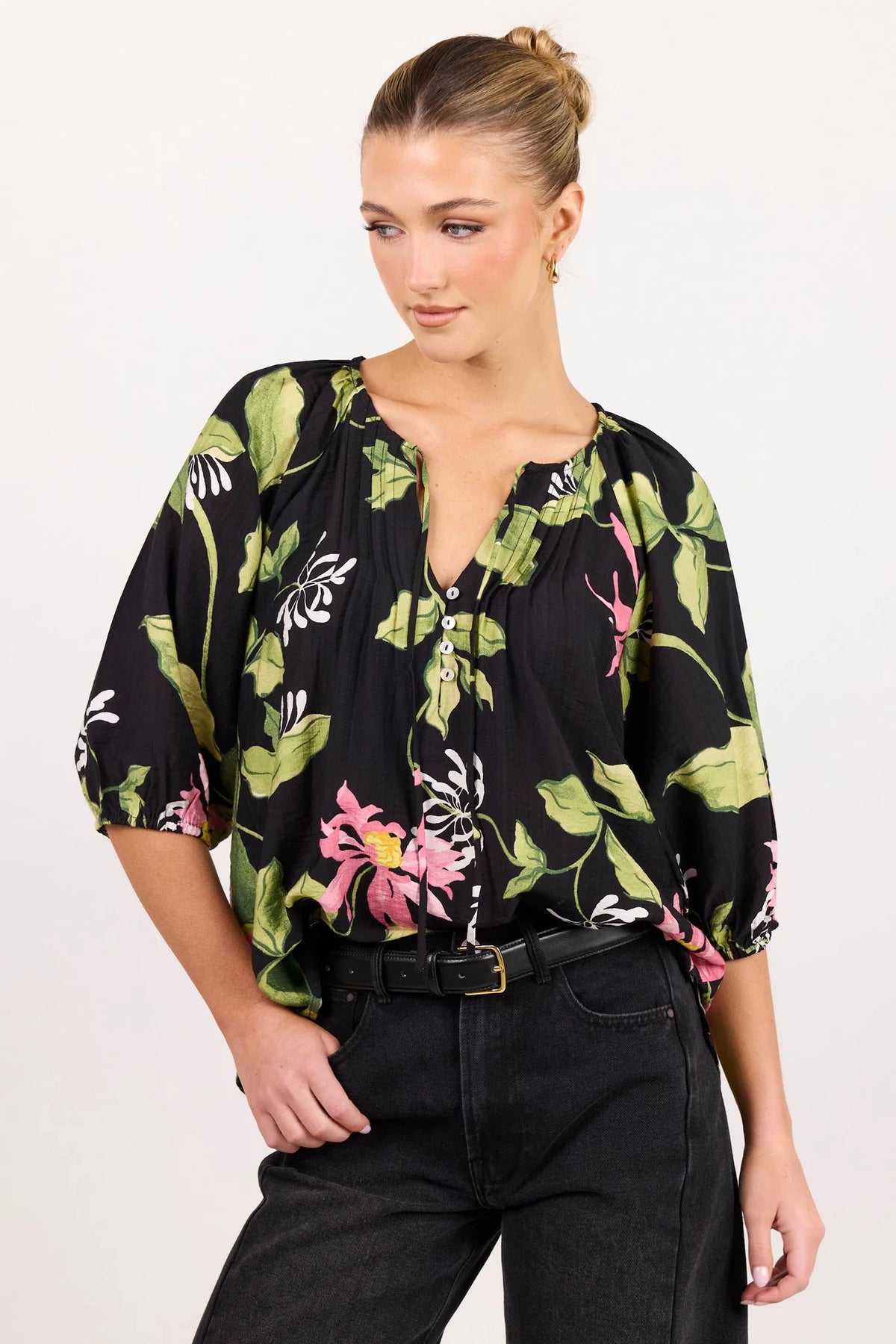 Refine Black Blush Floral Pintuck Front Mid Sleeve Top