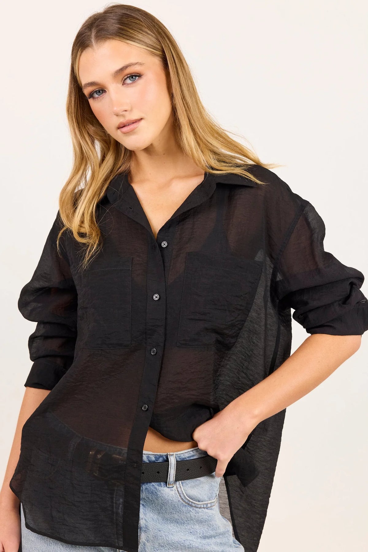 Reflex black semi sheer oversized boyfriend shirt