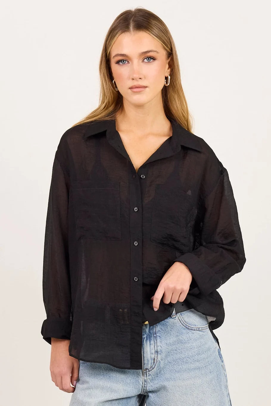 Reflex black semi sheer oversized boyfriend shirt