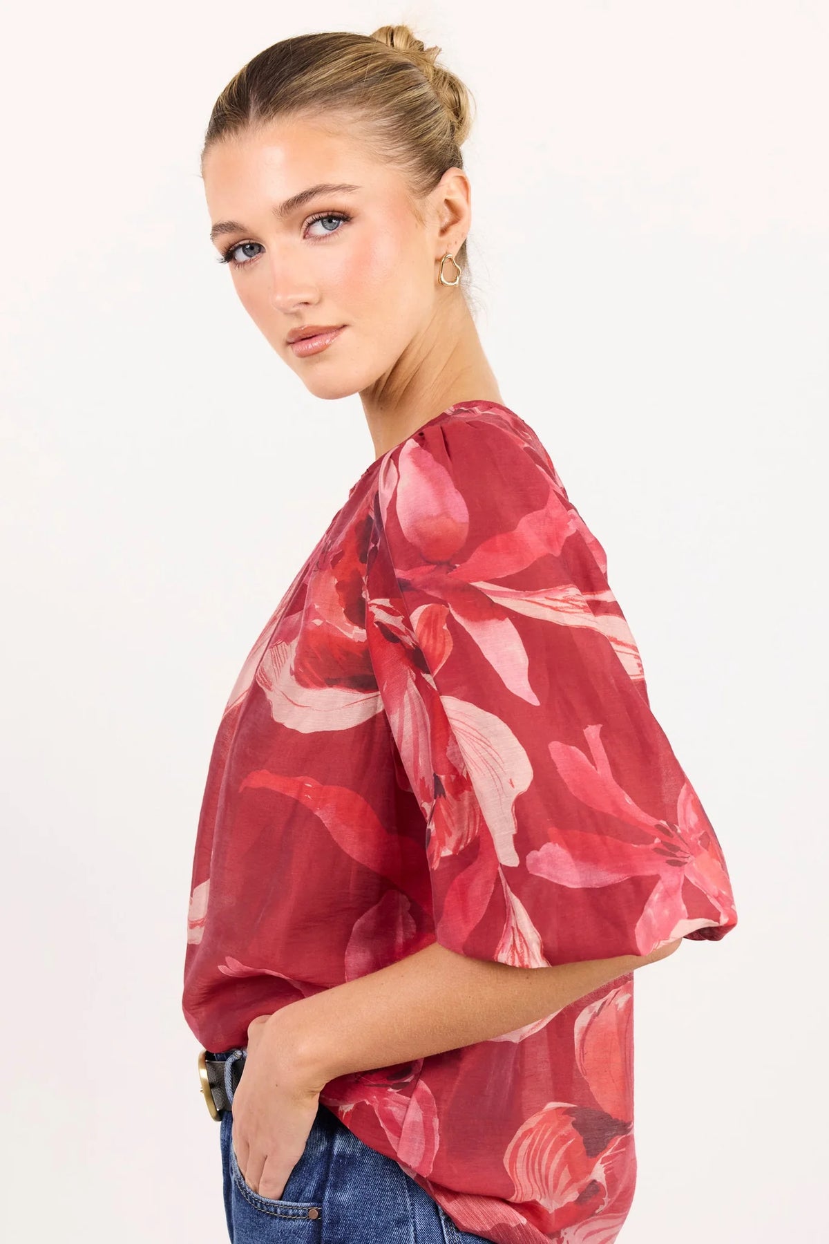 Sincere large red peony shirred back ss top