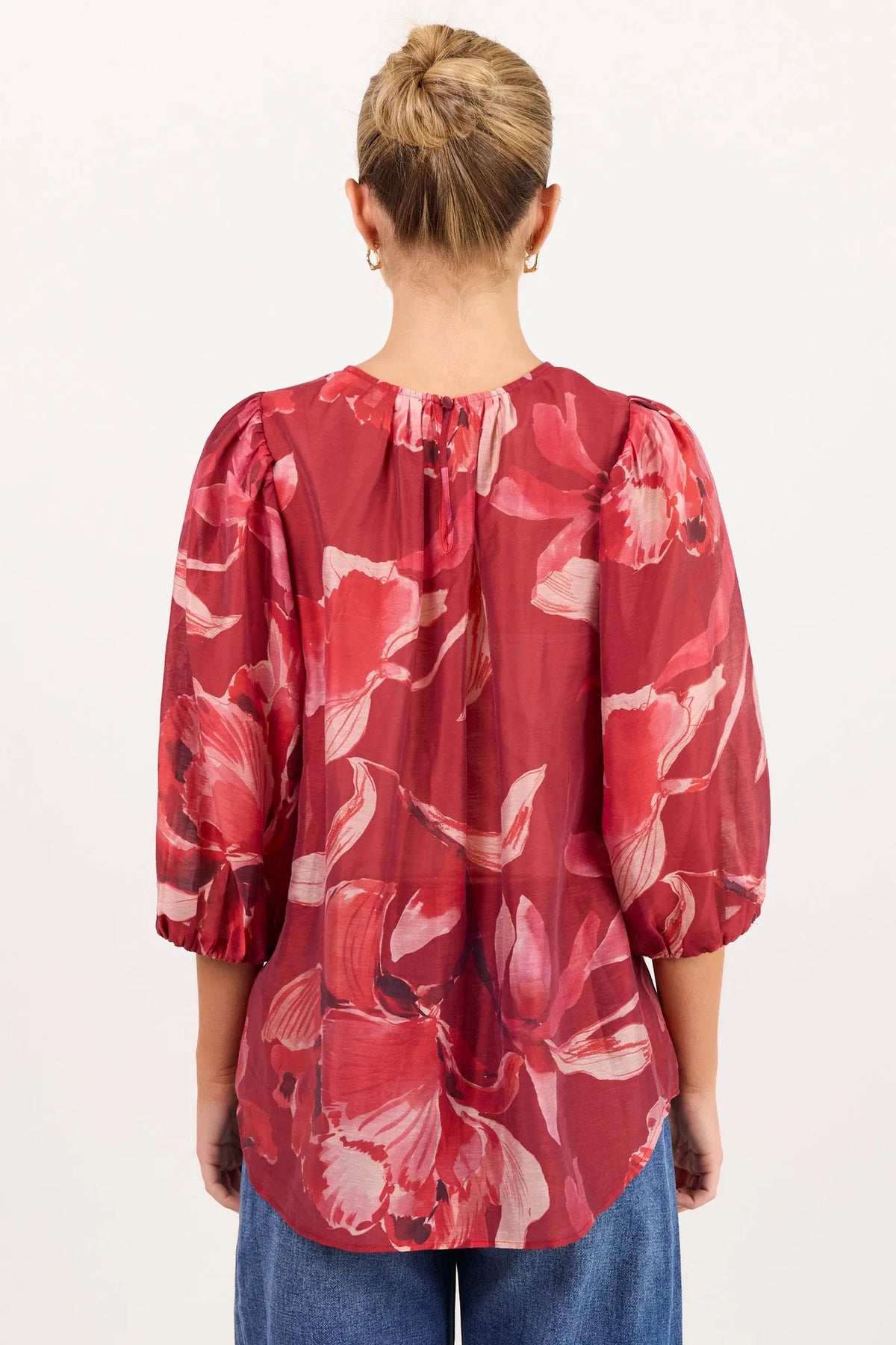 Sincere large red peony shirred back ss top