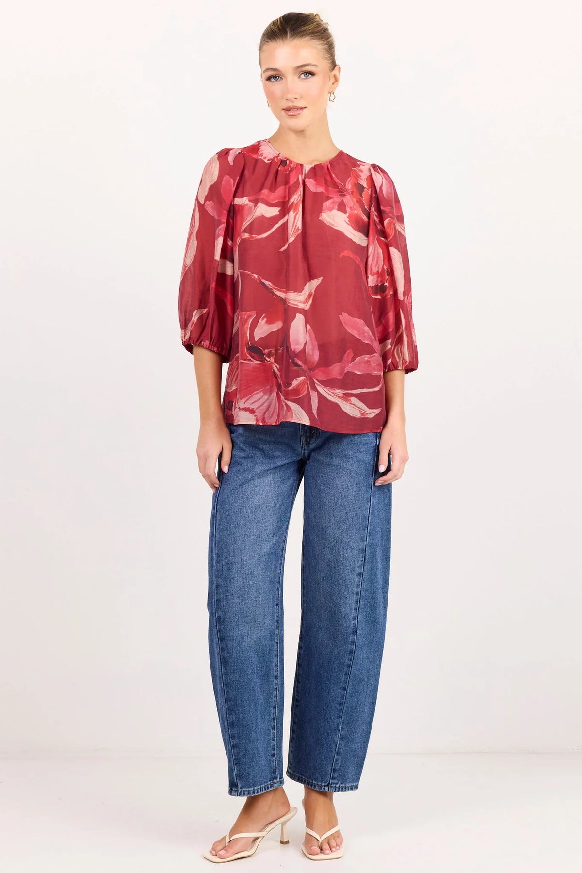 Sincere large red peony shirred back ss top