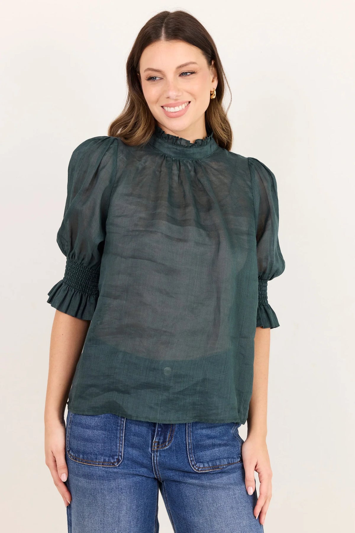Verse Petrol Sheer High Neck Top