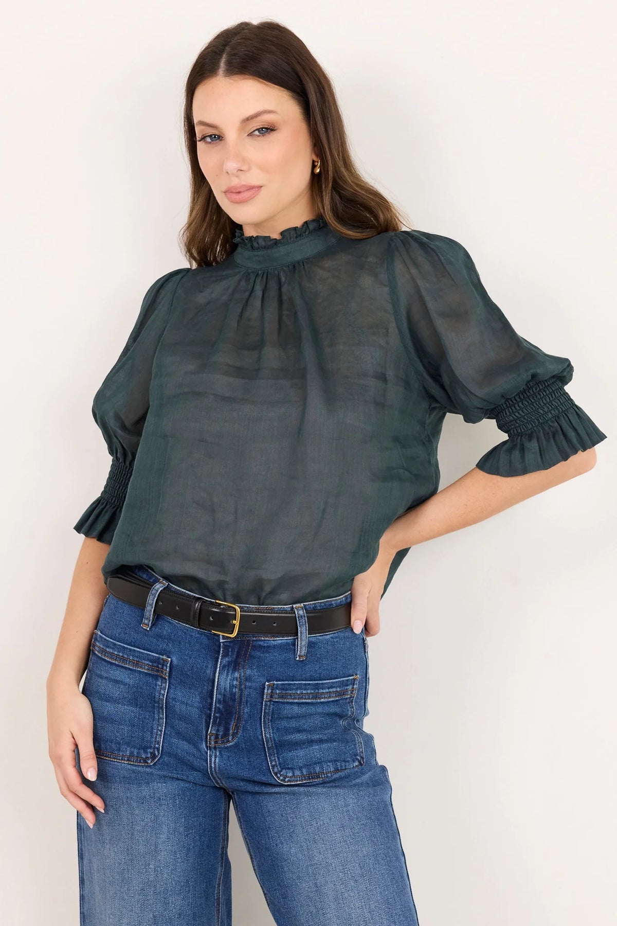 Verse Petrol Sheer High Neck Top