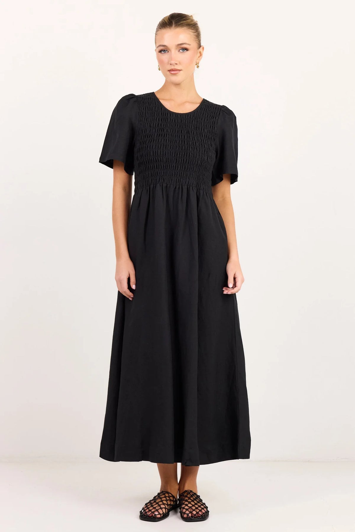 Wren Black Linen Blend SS Shirred Bodice Midi Dress