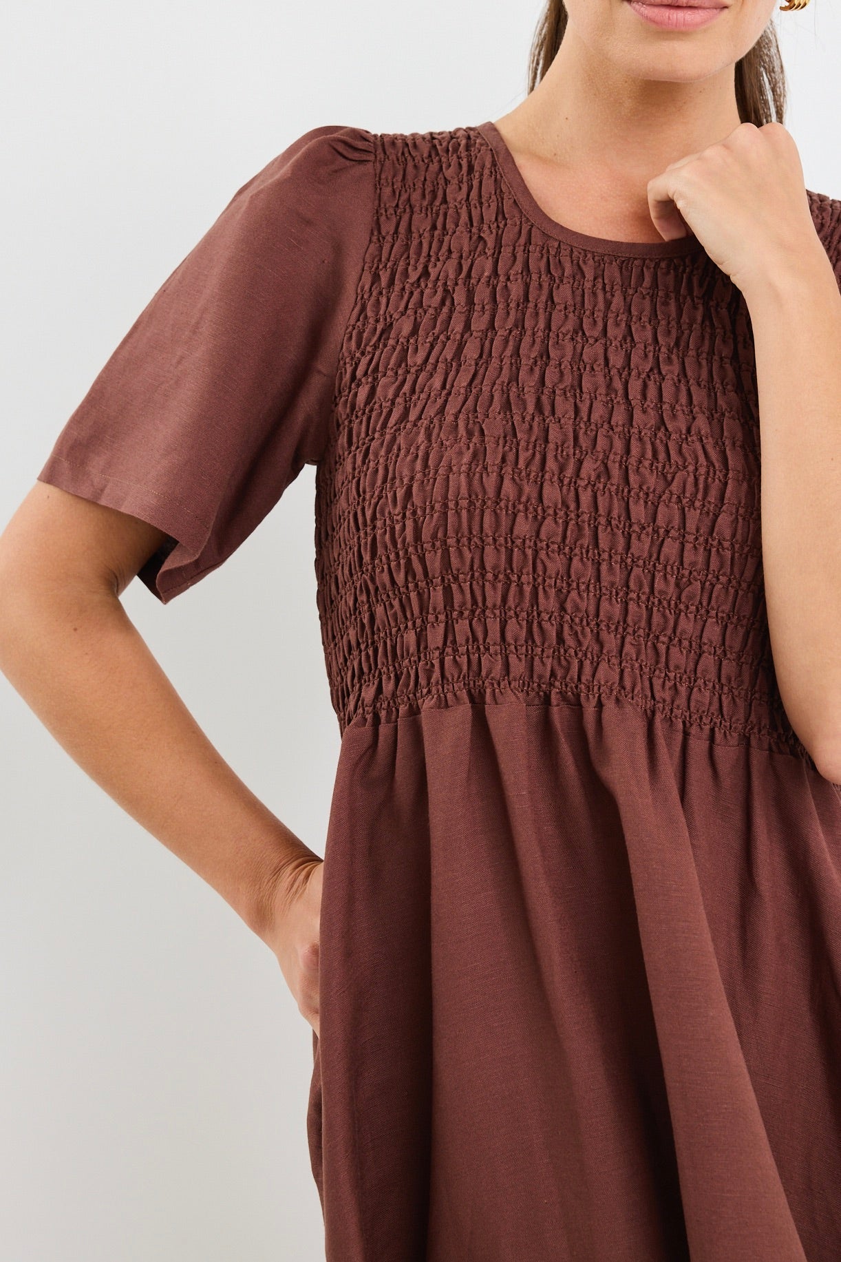 Wren Chocolate Shirred Midi Dress