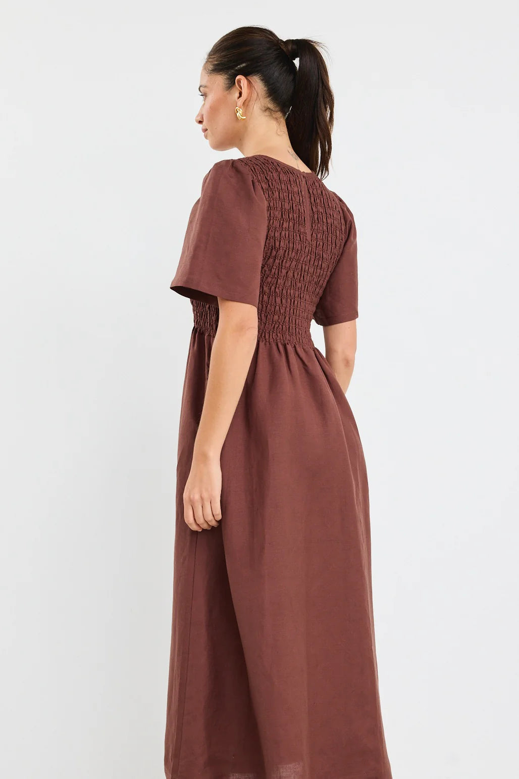 Wren Chocolate Shirred Midi Dress