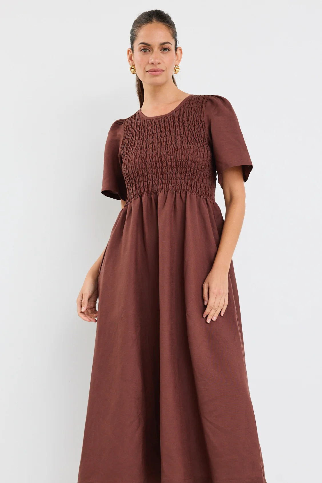 Wren Chocolate Shirred Midi Dress