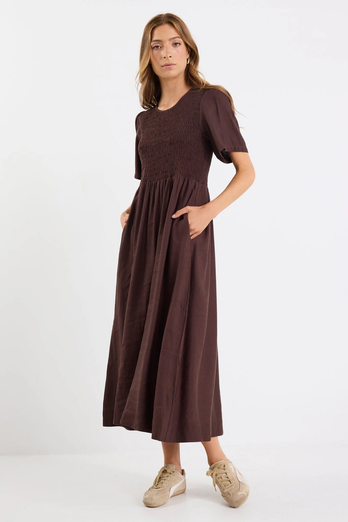 Wren Chocolate Linen Blend SS Shirred Bodice Midi Dress