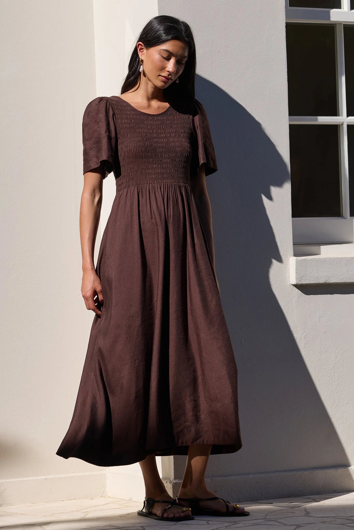 Wren Chocolate Linen Blend SS Shirred Bodice Midi Dress