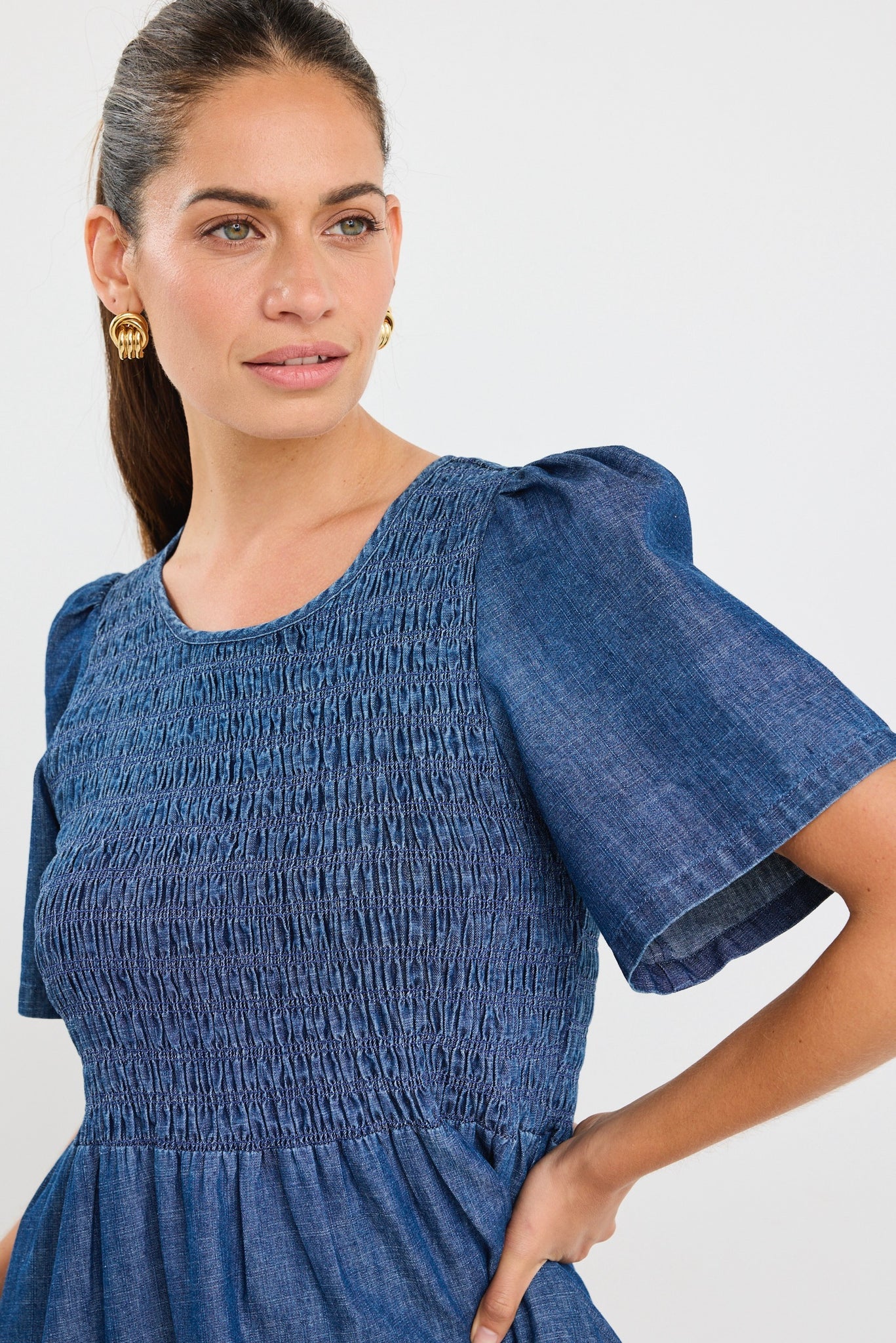 Wren Storm Blue Shirred Midi Dress