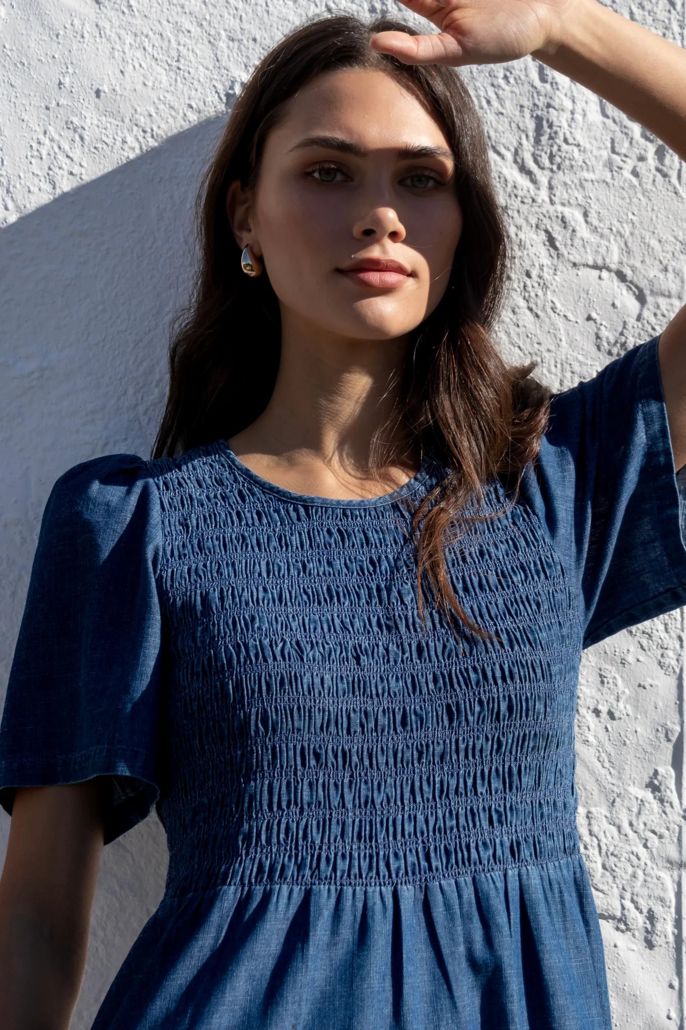 Wren Storm Blue Shirred Midi Dress