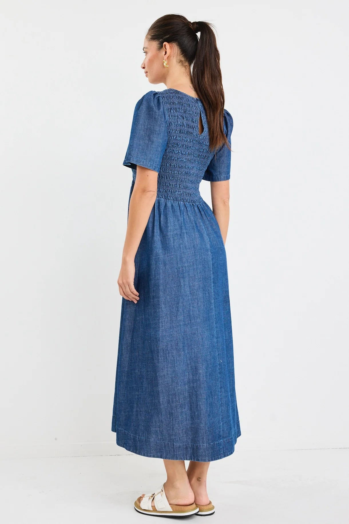 Wren Storm Blue Shirred Midi Dress