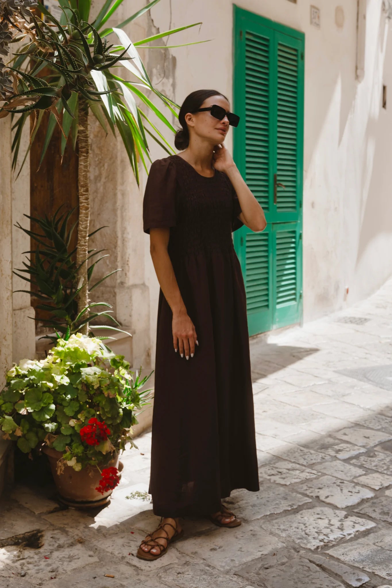 Wren Chocolate Shirred Midi Dress
