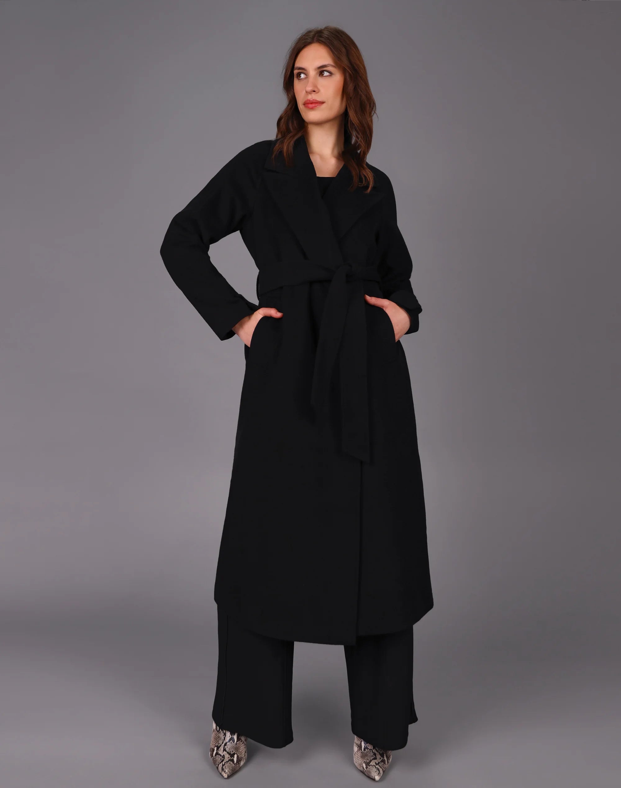 Chief Wool Belted Wrap Coat Black