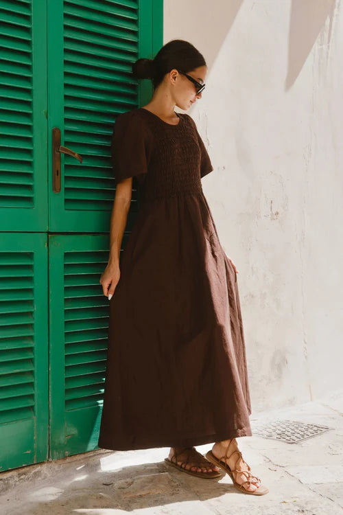 Wren Chocolate Shirred Midi Dress