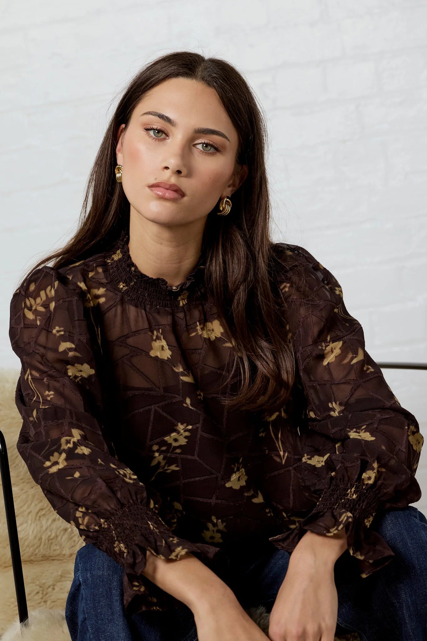Affection chocolate butter floral shirred high neck top