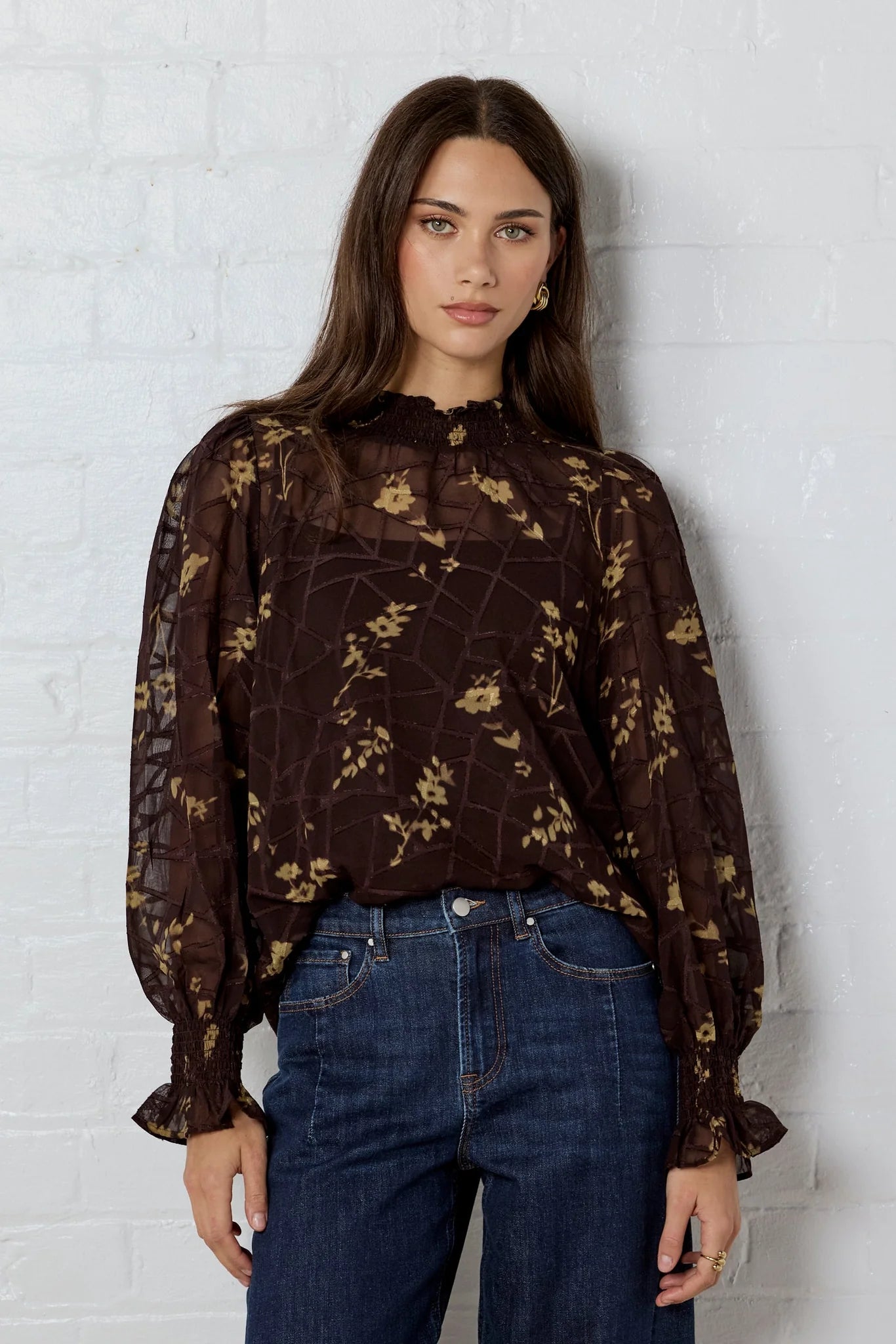 Affection chocolate butter floral shirred high neck top