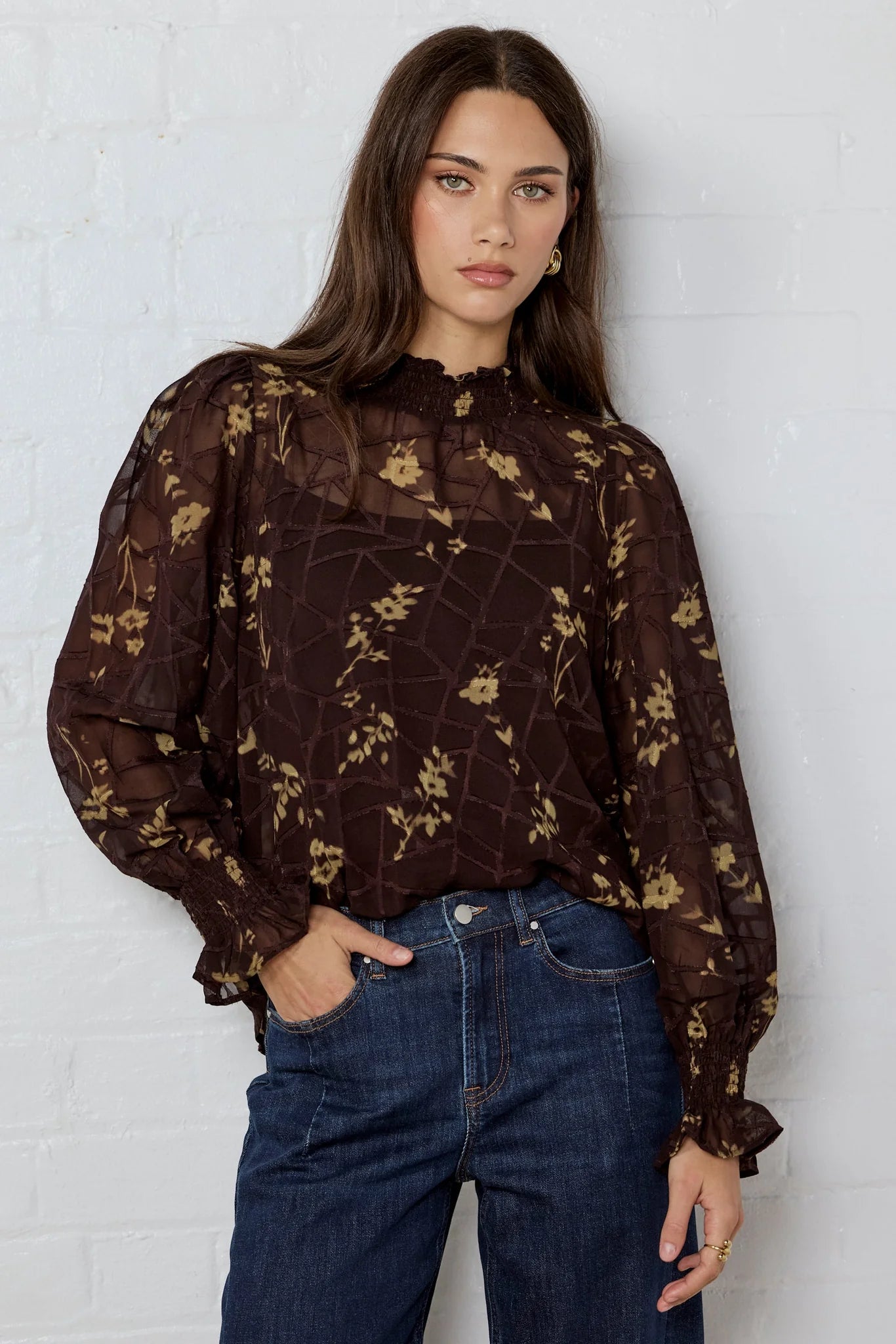 Affection chocolate butter floral shirred high neck top
