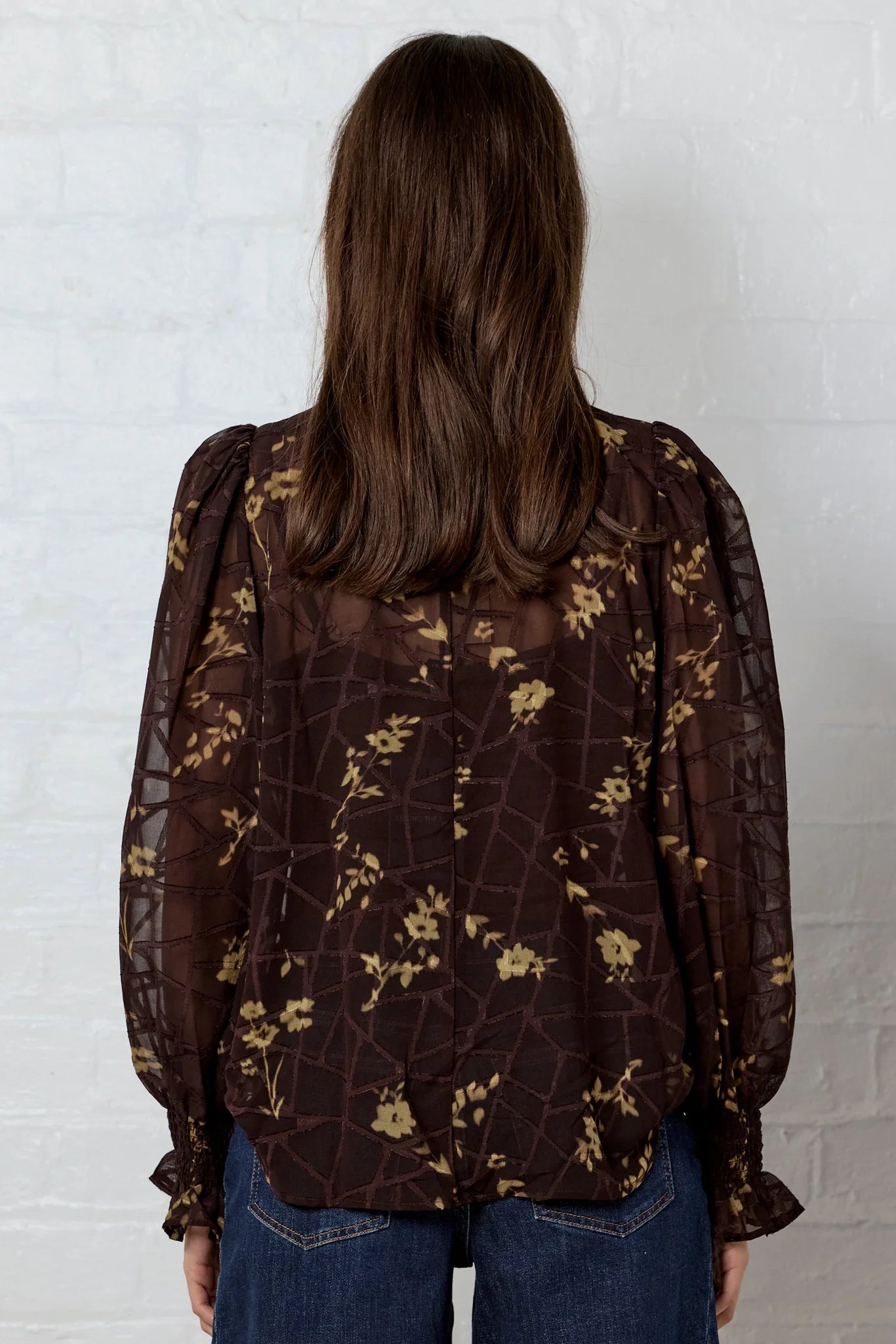 Affection chocolate butter floral shirred high neck top