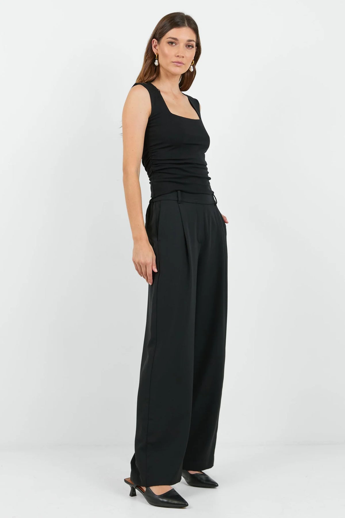 Business Black Wide Leg Pleat Front Pants