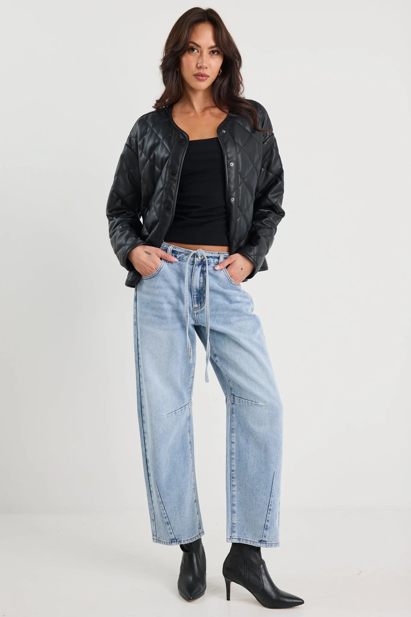 Apex Black PU Collarless Quilted Puffer Jacket