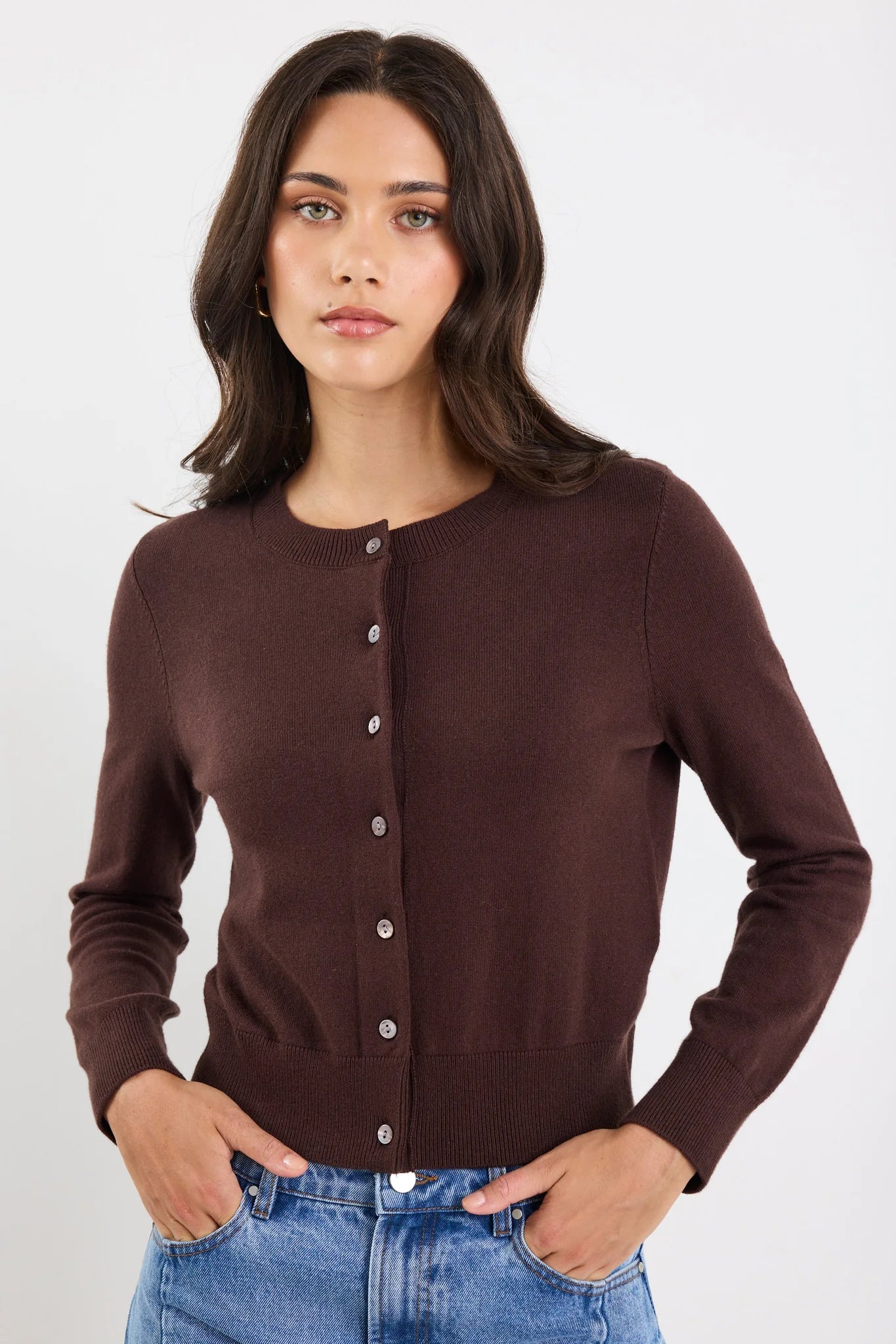 Autograph chocolate soft fine gauge  crew neck cardi