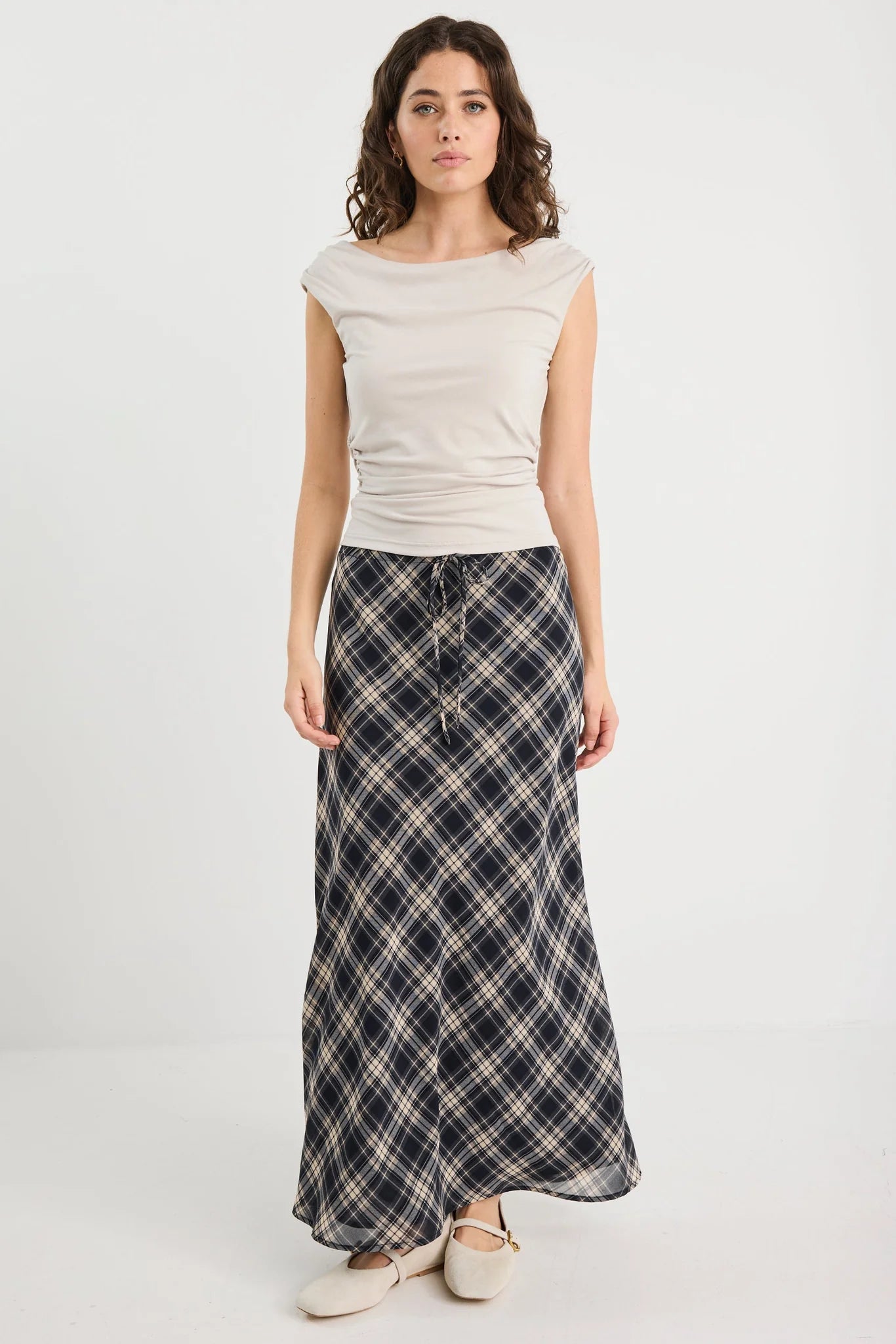 Rally black check chiffon tie waist bias maxi skirt