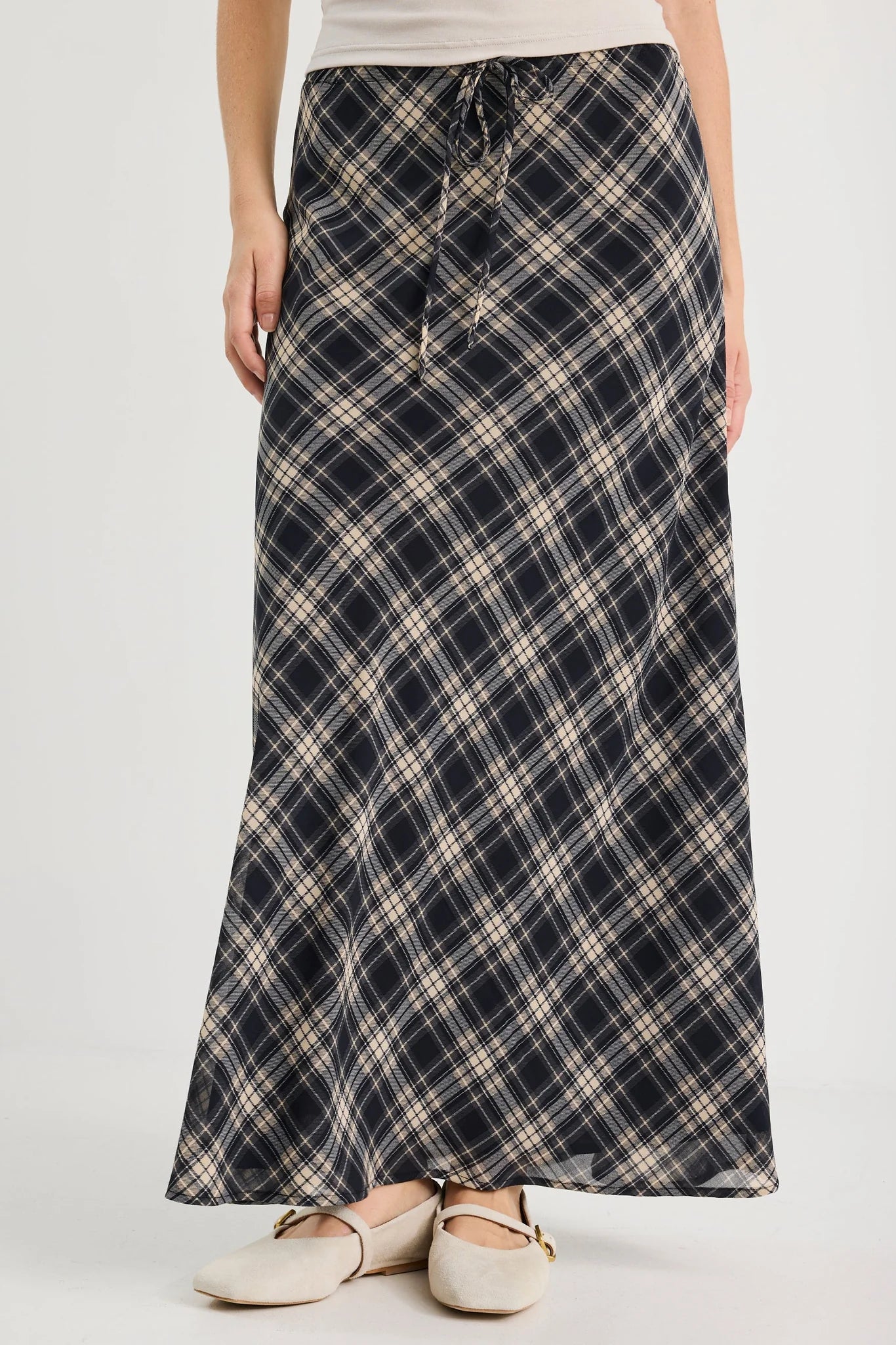 Rally black check chiffon tie waist bias maxi skirt