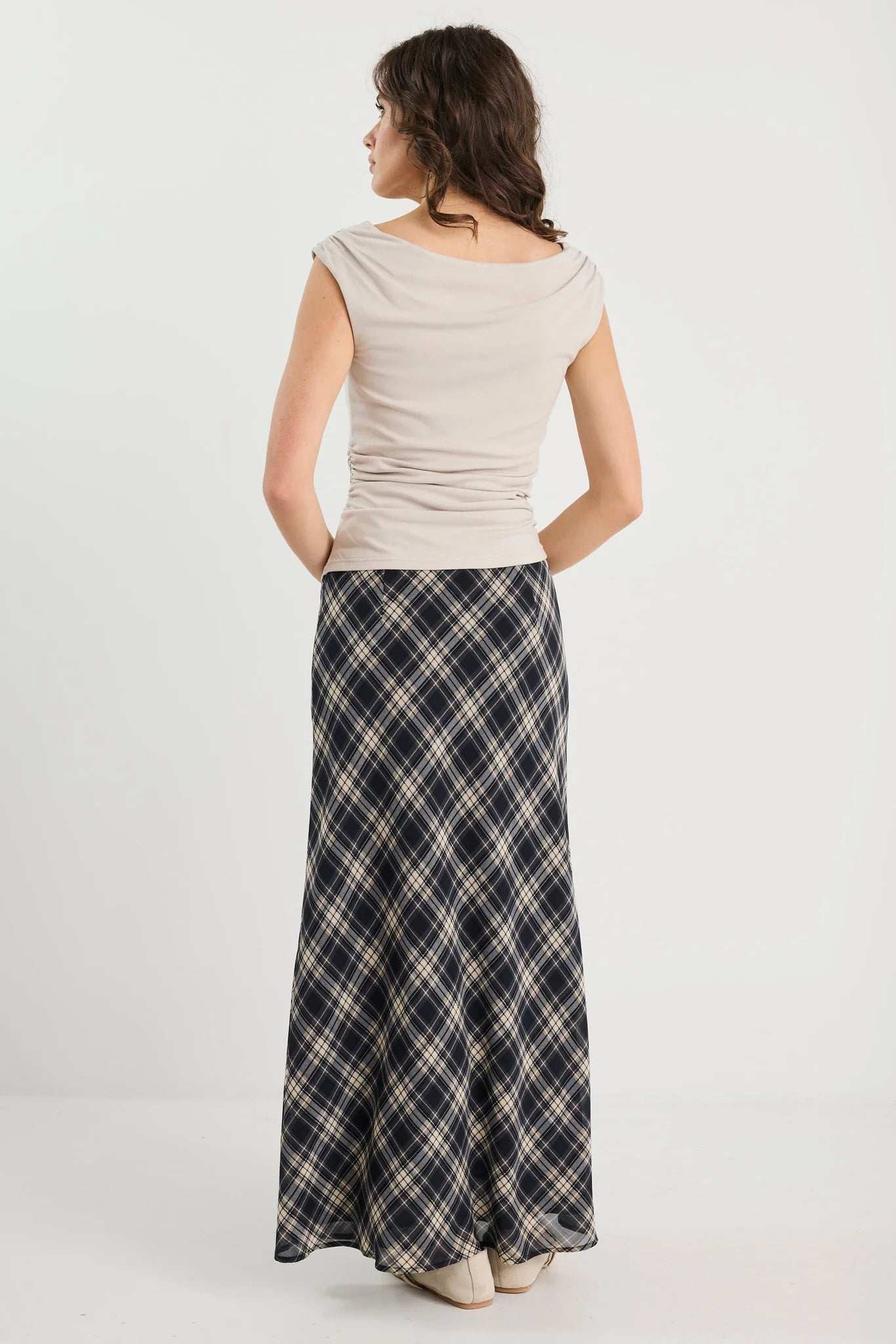 Rally black check chiffon tie waist bias maxi skirt