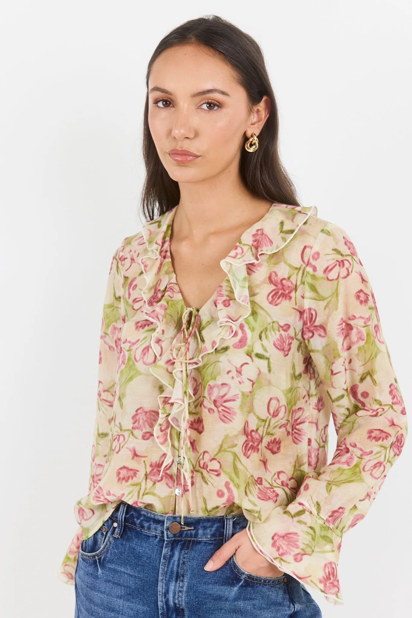 Bohemian Cream Blush Floral Frill Front Blouse
