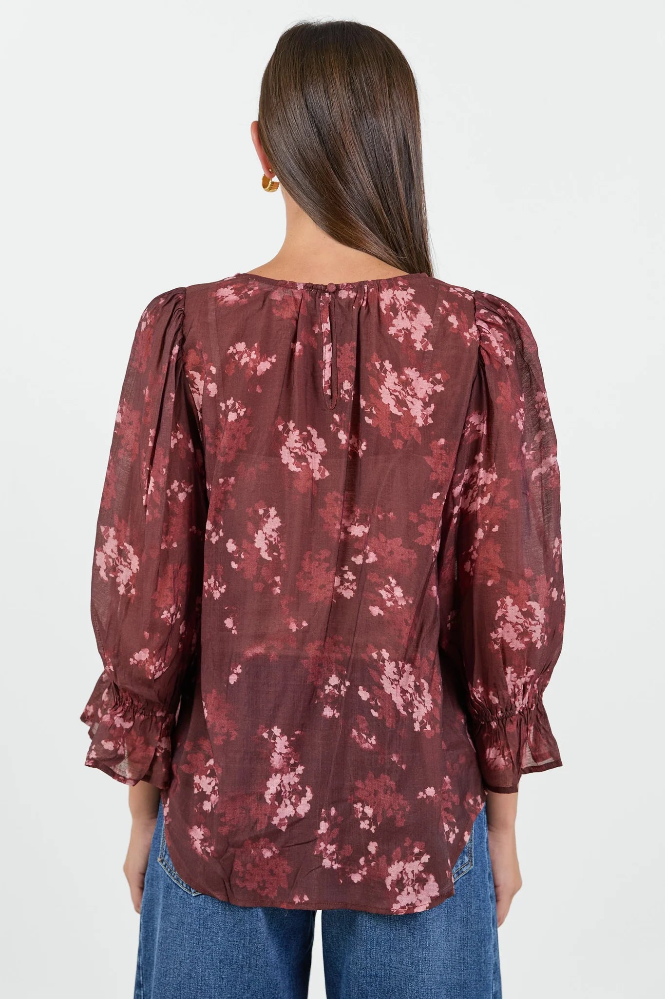 Candid plum smudge floral frill sleeve top