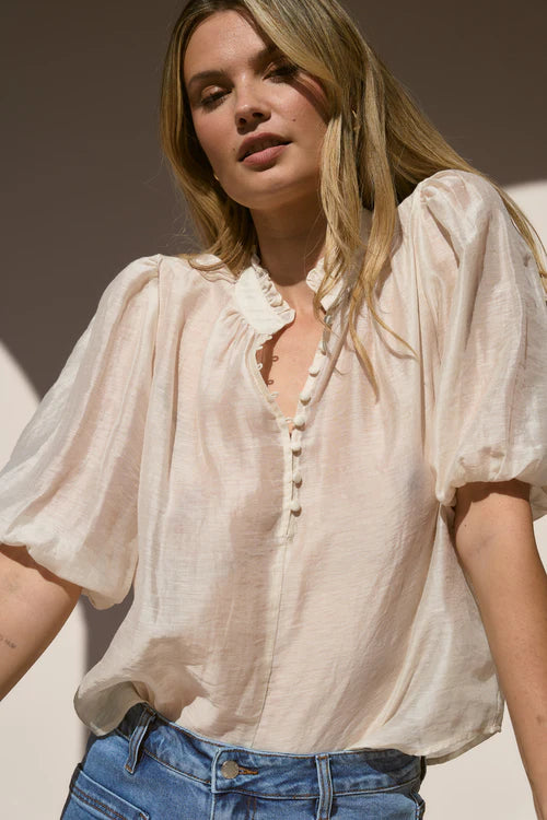 Closure ivory sheer high neck button blouse