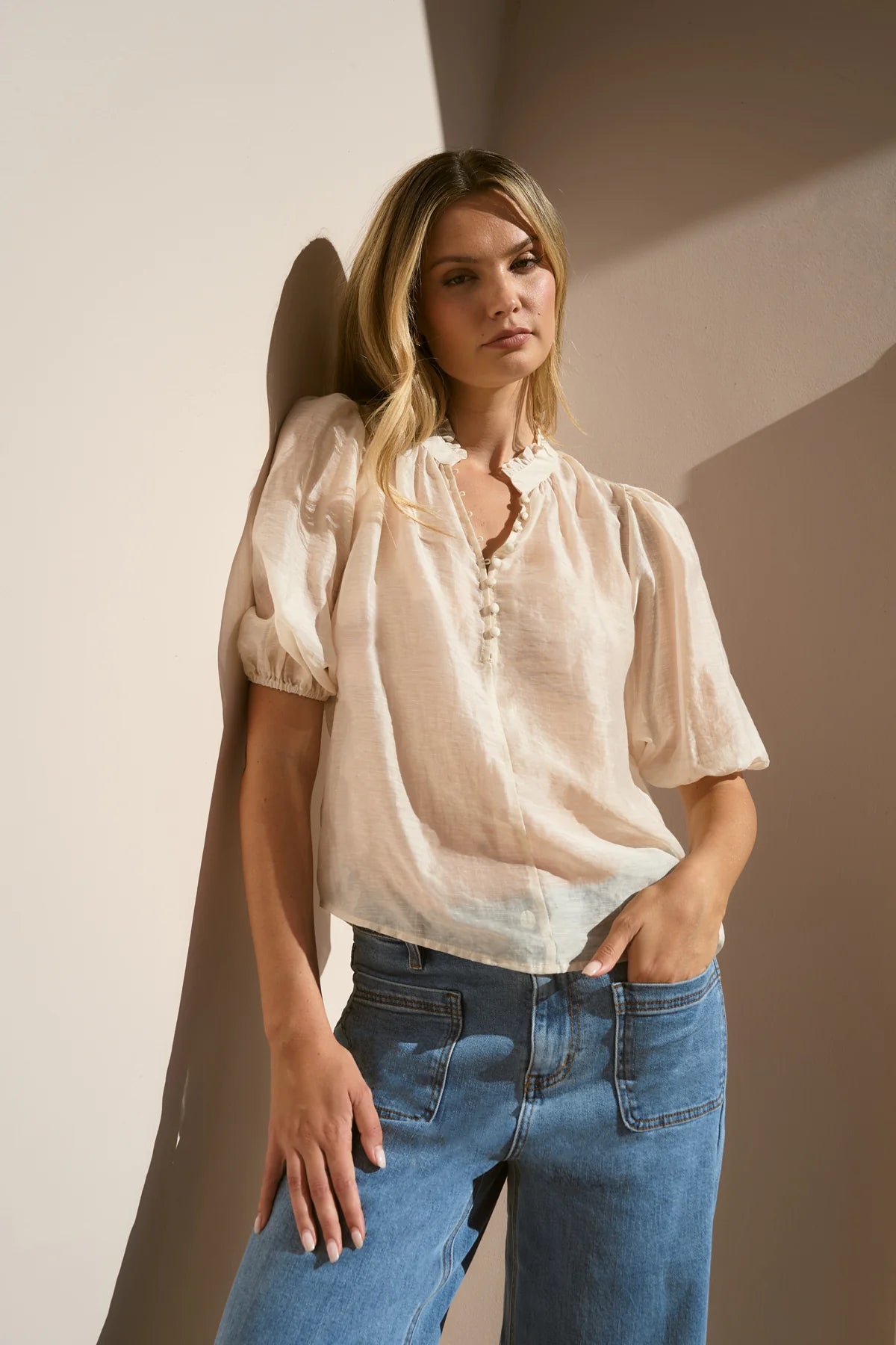 Closure ivory sheer high neck button blouse